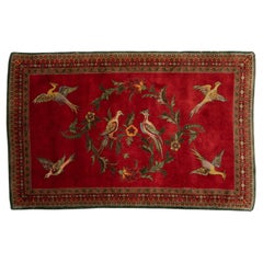 Antique European Rug Cherry Field with Birds and Flower Rings, ca. 1880
