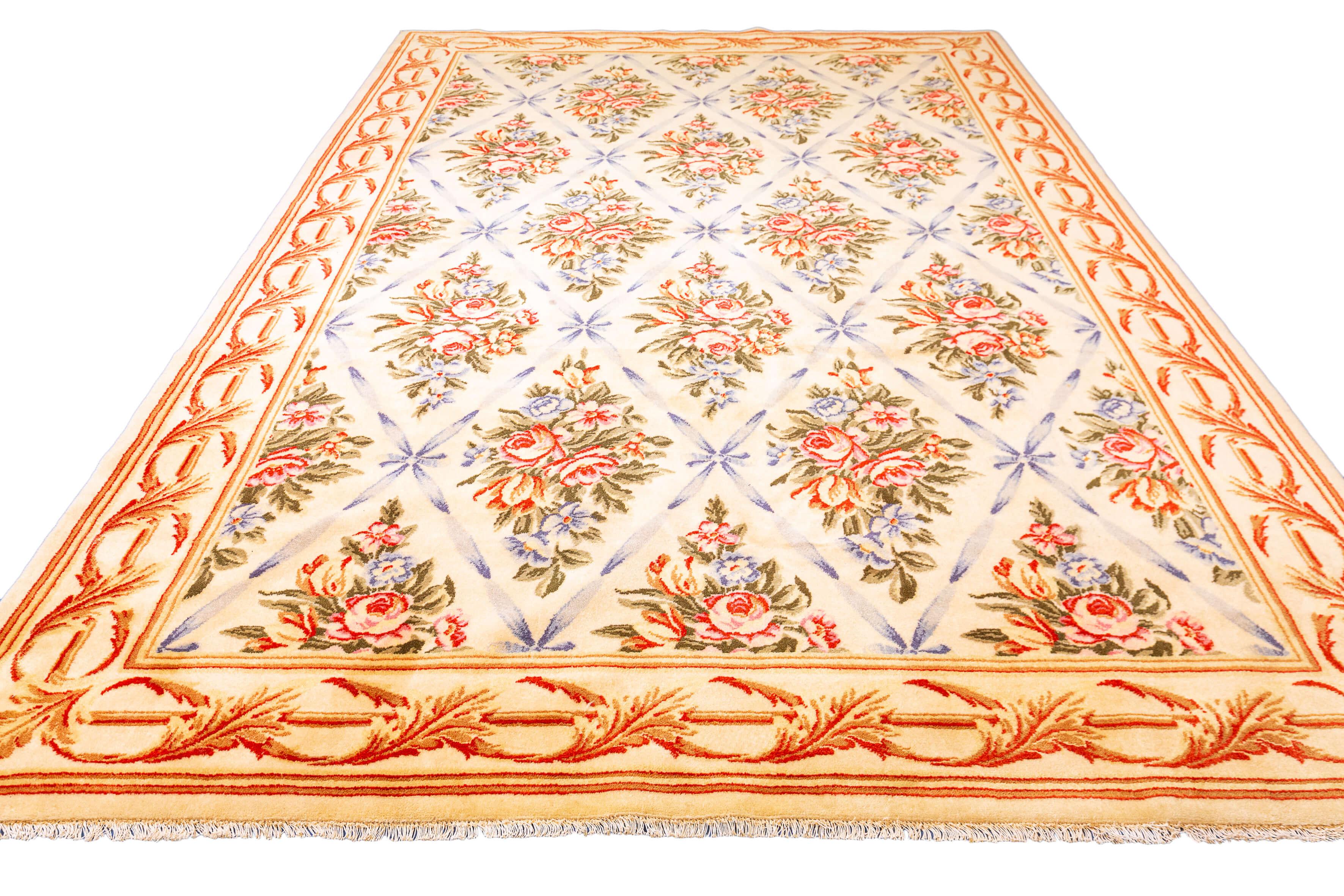 Step into a world of timeless beauty and sophistication with this European floral rug, an exquisite masterpiece that exudes charm and grace. Measuring 297 x 204 CM, this elegant rug is meticulously crafted to perfection, boasting a delicate beige