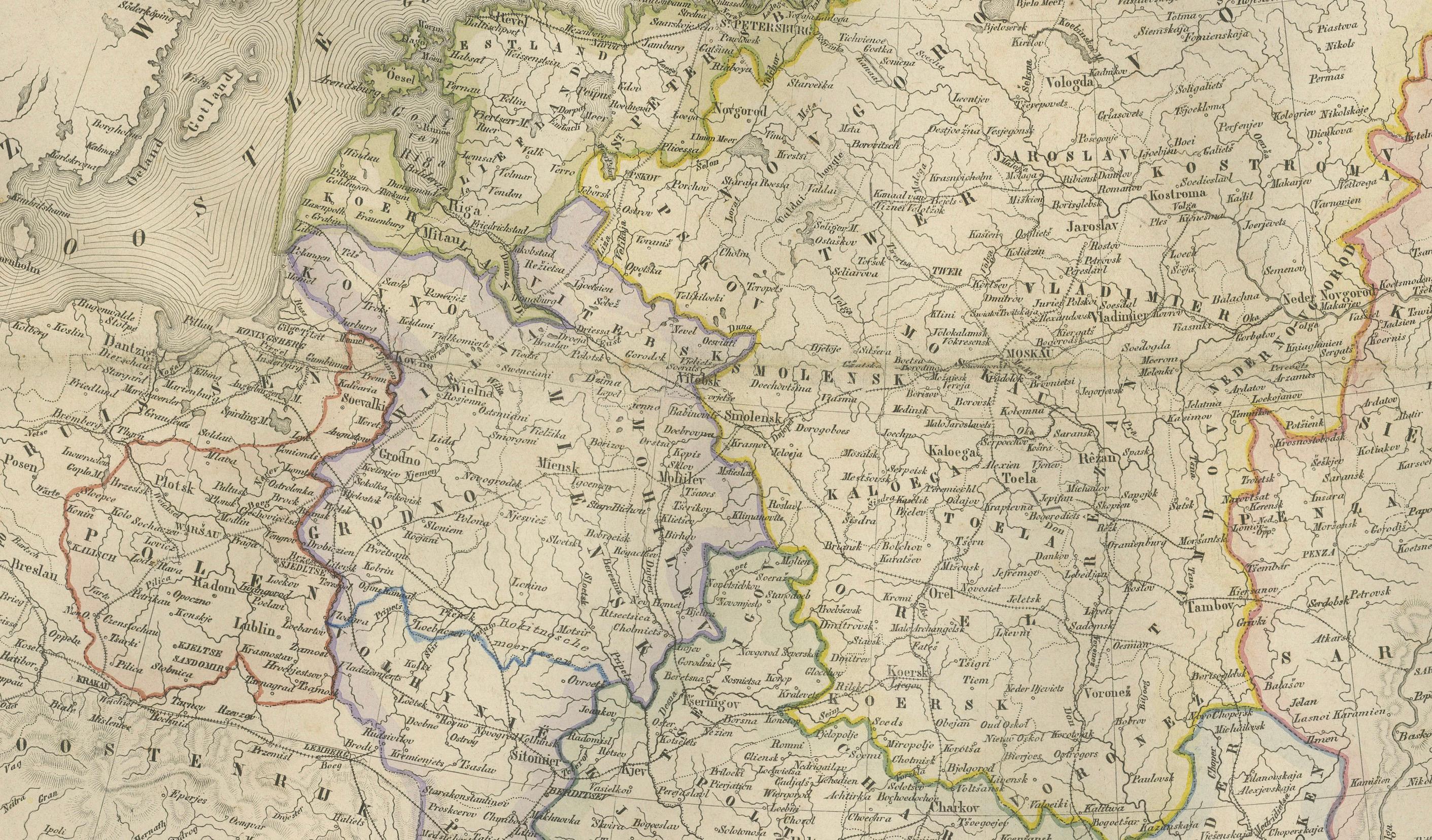Papier Carte de la Russie européenne avec insertion de Saint-Pétersbourg - Nieuwe Hand-Atlas, 1876 en vente