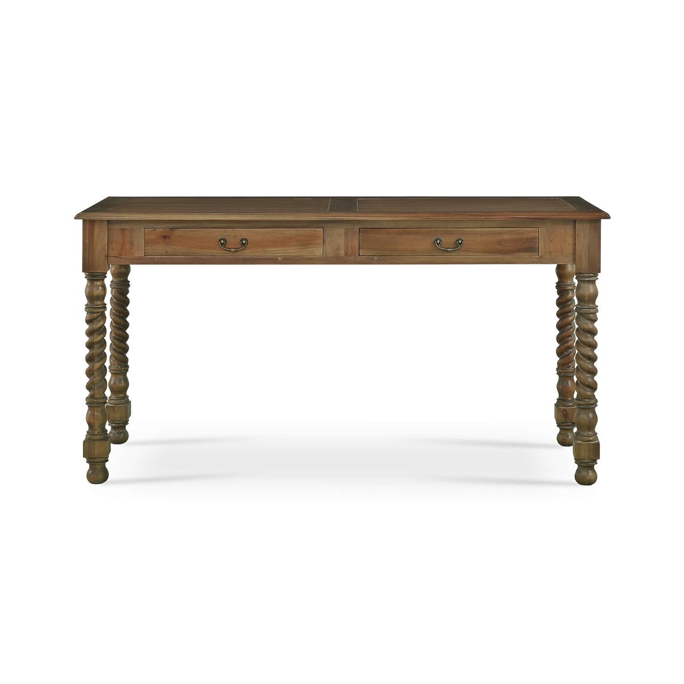 Exquisitely designed to blend elegance with functionality. Crafted from high-quality mahogany wood and finished in our straw wash, this desk is a perfect addition to any home or office. Its beautifully carved barley twist legs add a distinctive