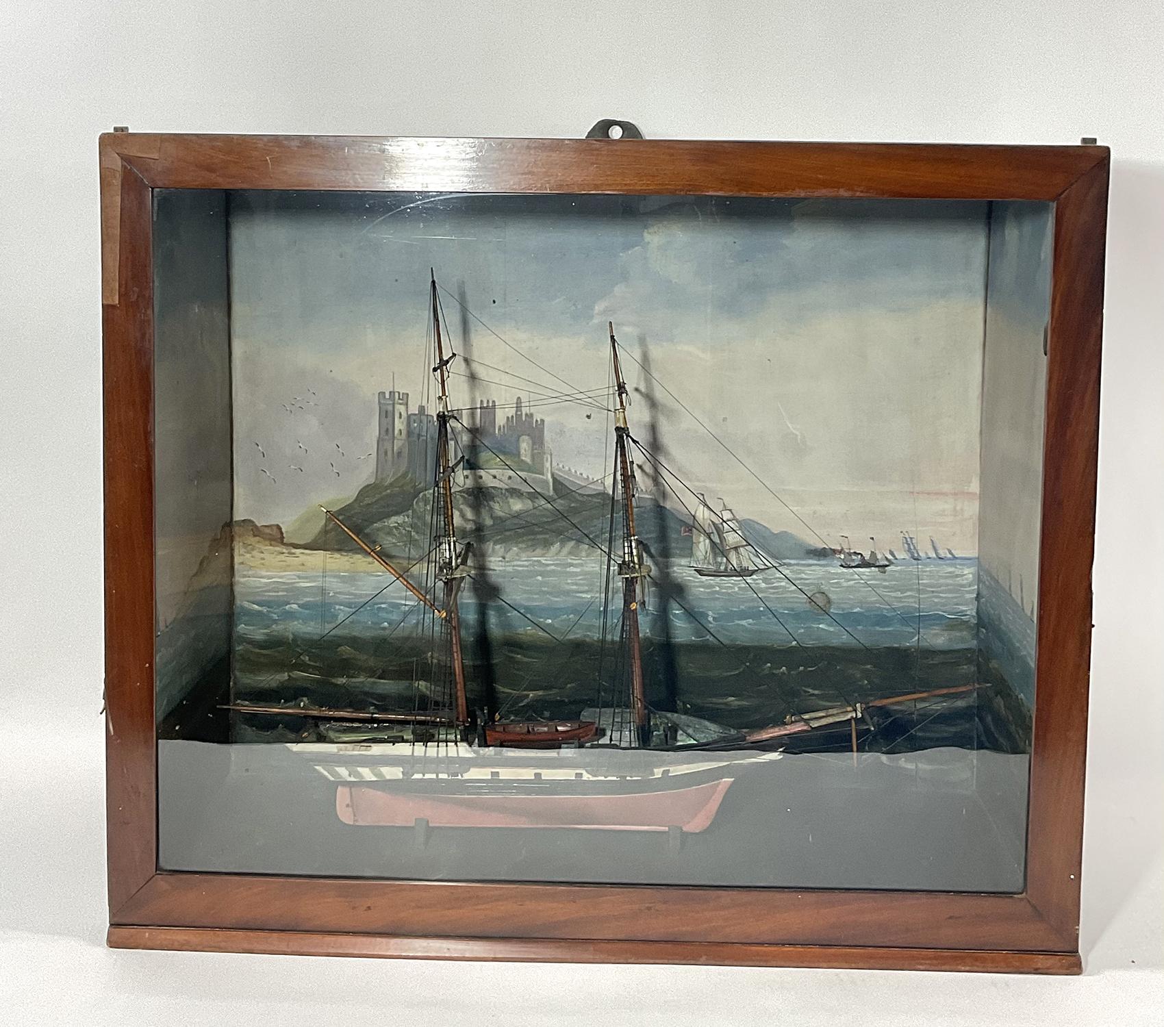 Nineteenth century model of the merchant Brig Alice with painted gunports, figurehead, quarter galleries, etc.. The inside of the shadow box is painted with a European castle, other sailboats, distant mountains, ocean, etc. With glass front. Circa