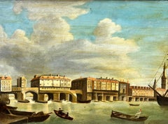 19th Century Continental Oil Painting City River Busy Shipping Scene framed