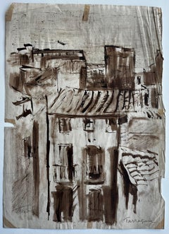 Mid Century Tarragona Spain Architectural Study Brown Ink Wash