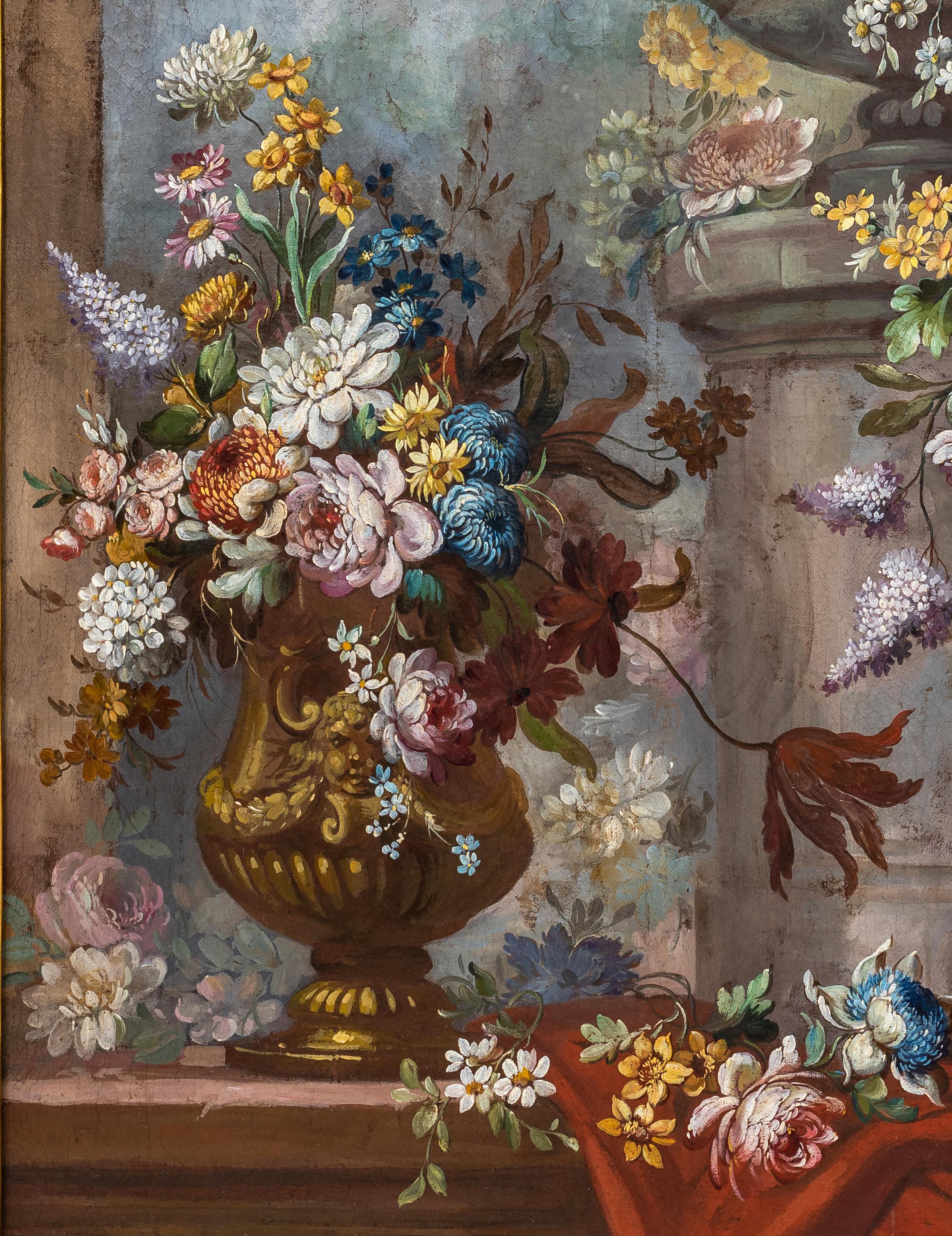 European School, 18th Century, Terrace with Flowers in an Urn For Sale 1