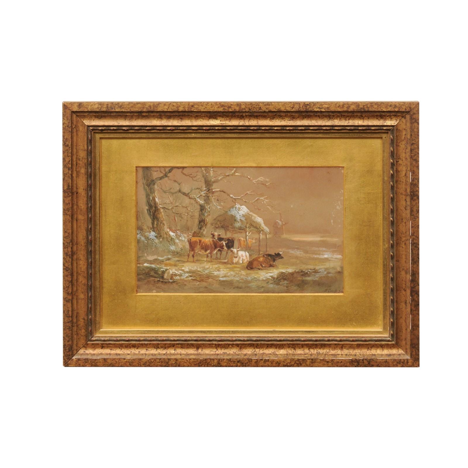 European School Cow In Pasture Pastel on Paper in Gilt Frame, Signed Lower Right, 20th Century