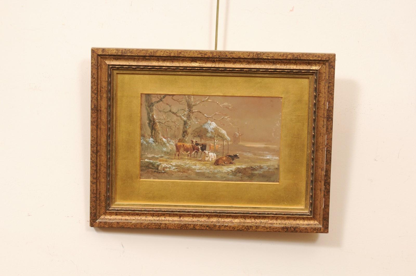 European School Cow In Pasture Pastel on Paper in Gilt Frame, Signed Lower Right In Good Condition For Sale In Atlanta, GA