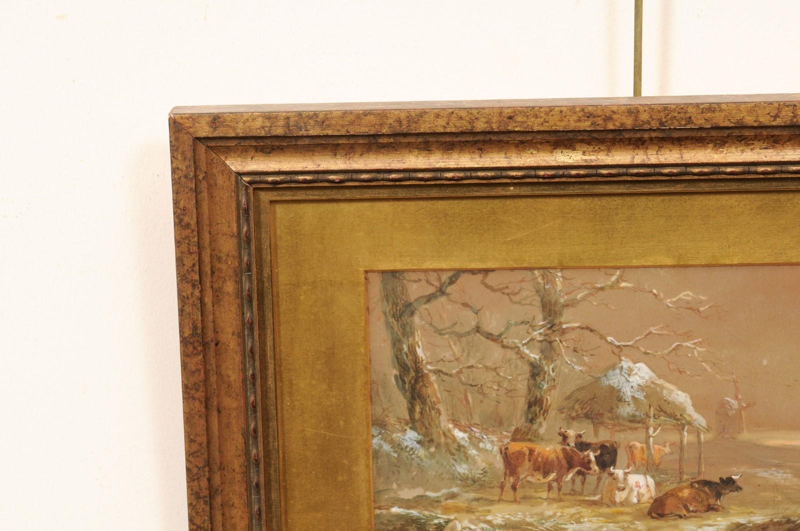 20th Century European School Cow In Pasture Pastel on Paper in Gilt Frame, Signed Lower Right For Sale
