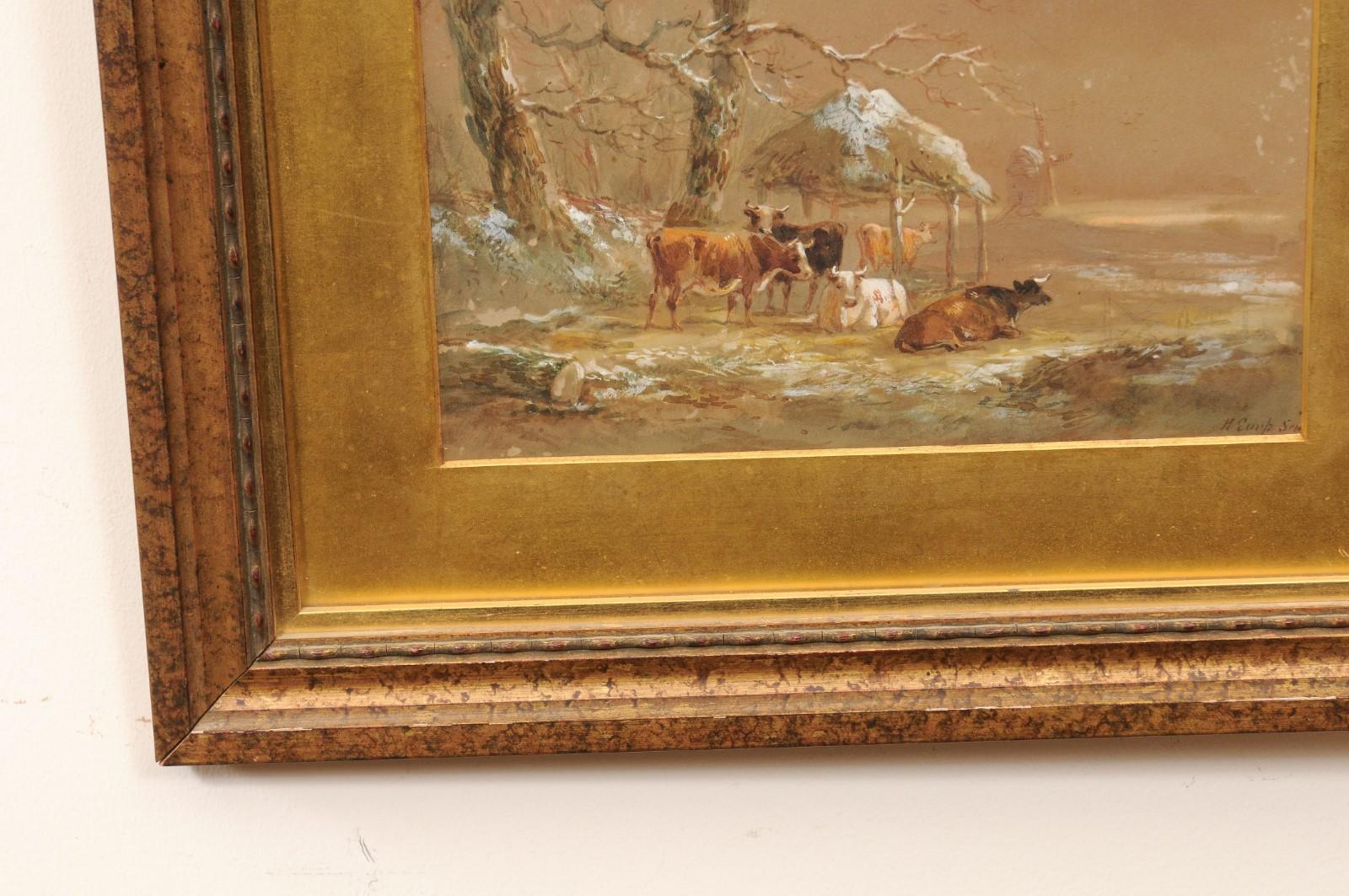 European School Cow In Pasture Pastel on Paper in Gilt Frame, Signed Lower Right For Sale 1