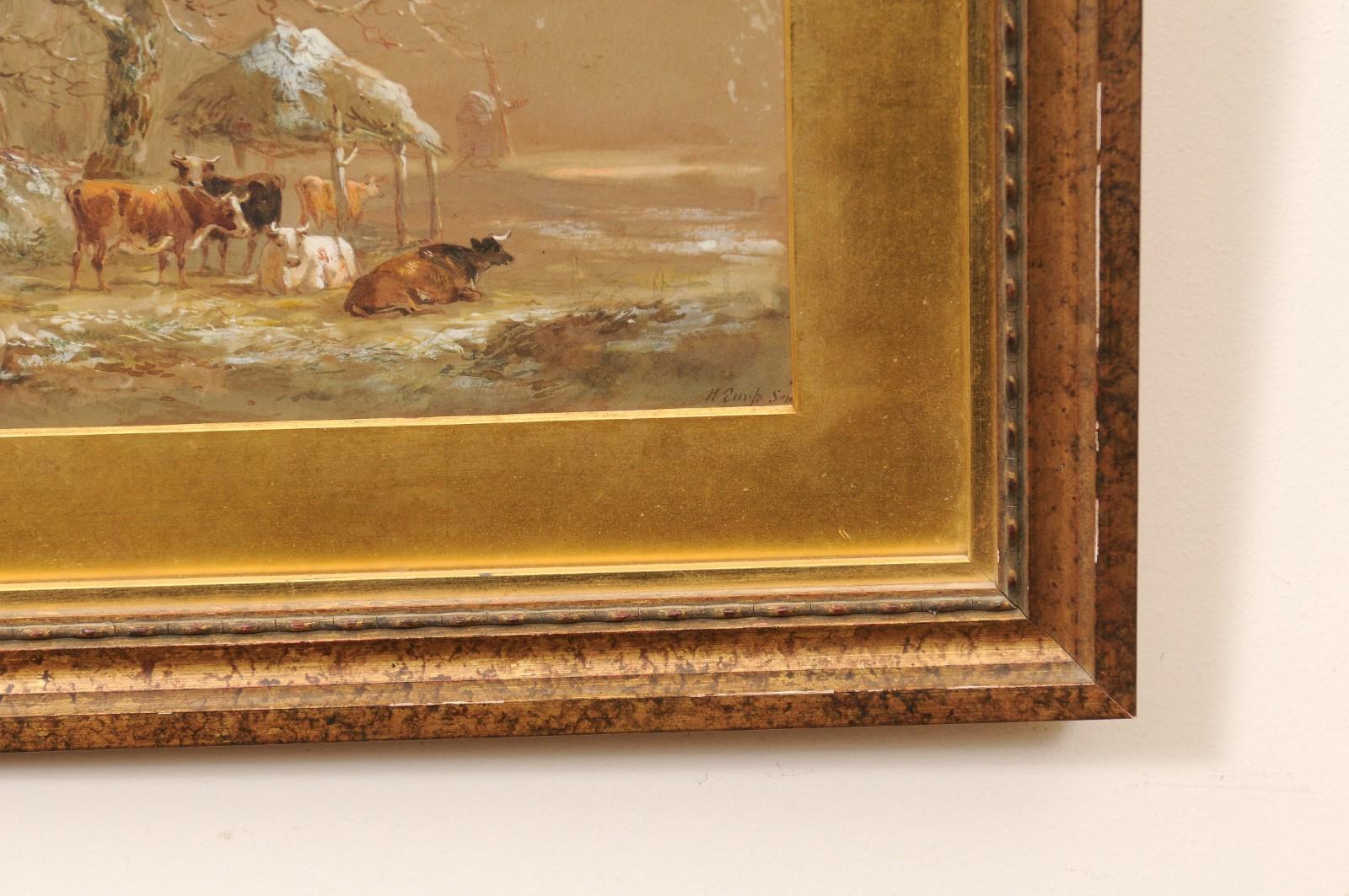 European School Cow In Pasture Pastel on Paper in Gilt Frame, Signed Lower Right For Sale 2