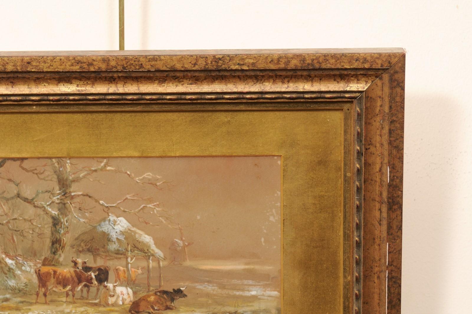 European School Cow In Pasture Pastel on Paper in Gilt Frame, Signed Lower Right For Sale 3