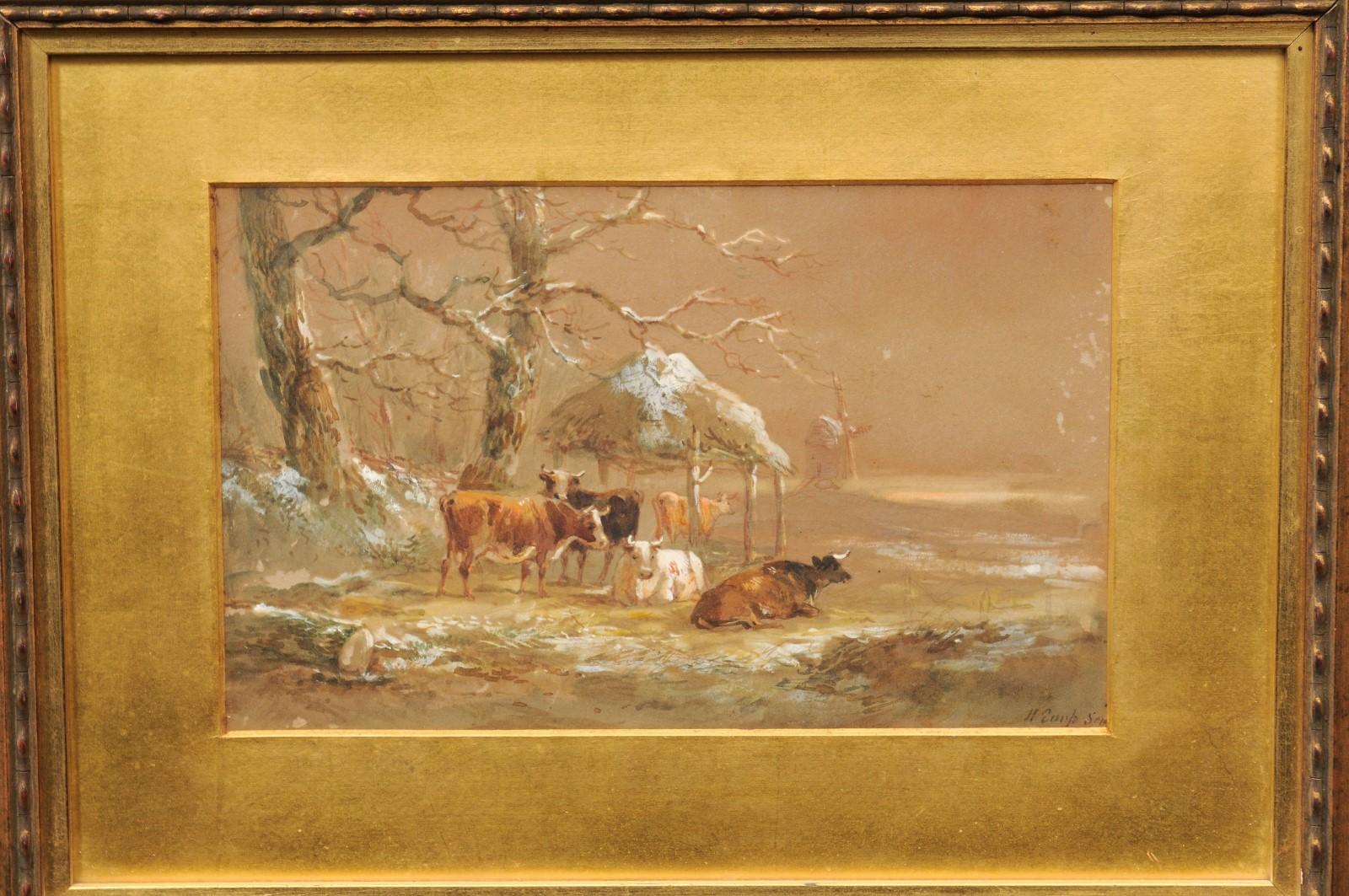 European School Cow In Pasture Pastel on Paper in Gilt Frame, Signed Lower Right For Sale 4
