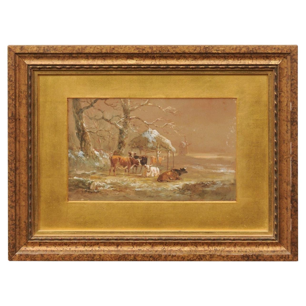 European School Cow In Pasture Pastel on Paper in Gilt Frame, Signed Lower Right