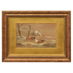 European School Cow In Pasture Pastel on Paper in Gilt Frame, Signed Lower Right