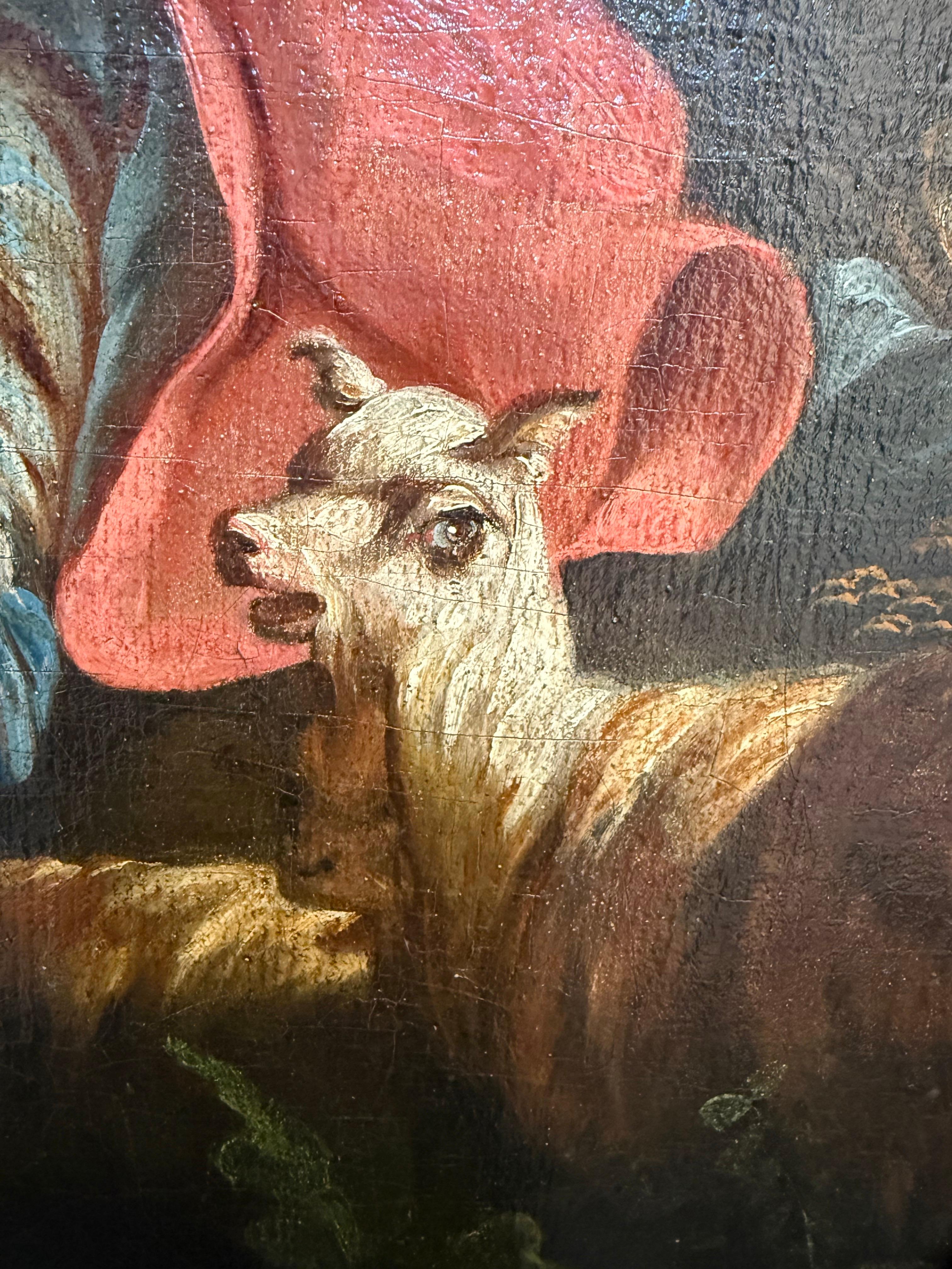 Scuola europea Alla maniera di Boucher, Artista sconosciuto, 18° secolo
Pastore e pastorella, olio su lino.

Il dipinto ovale all'interno di una cornice dorata composta da bordi a volute, perle e imbricati di Oak sotto uno stemma a