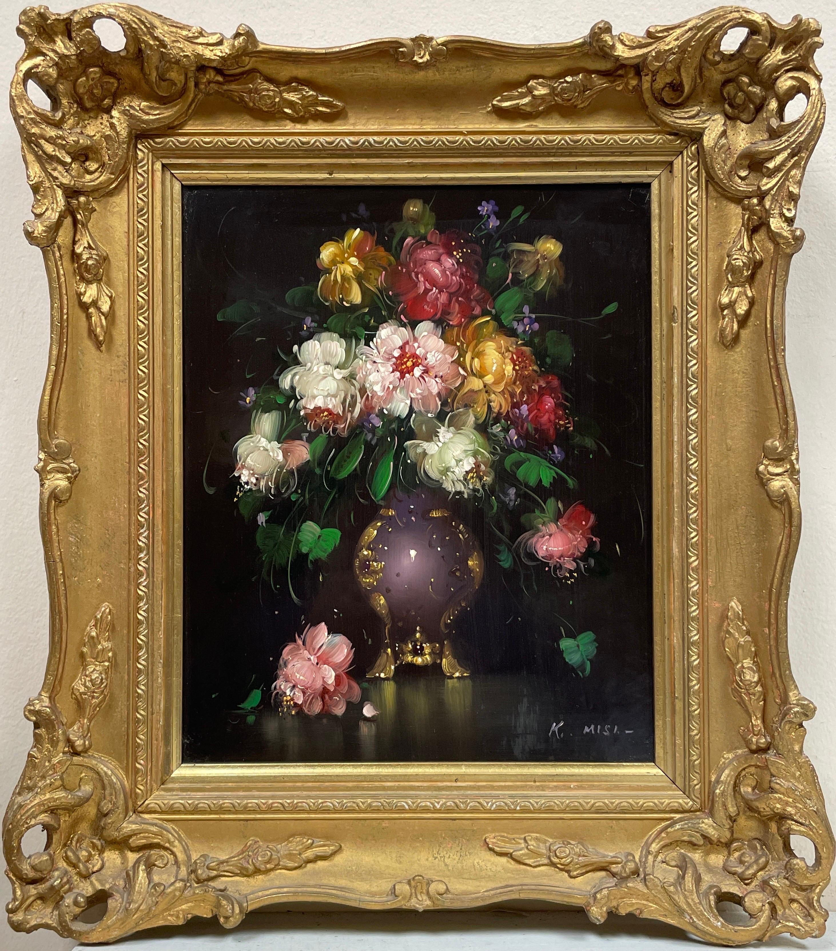 European School Still-Life Painting - Fine Classical Still Life Flowers in Ornate Vase Signed Oil Painting Gilt Frame