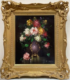 Fine Classical Still Life Flowers in Ornate Vase Signed Oil Painting Gilt Frame