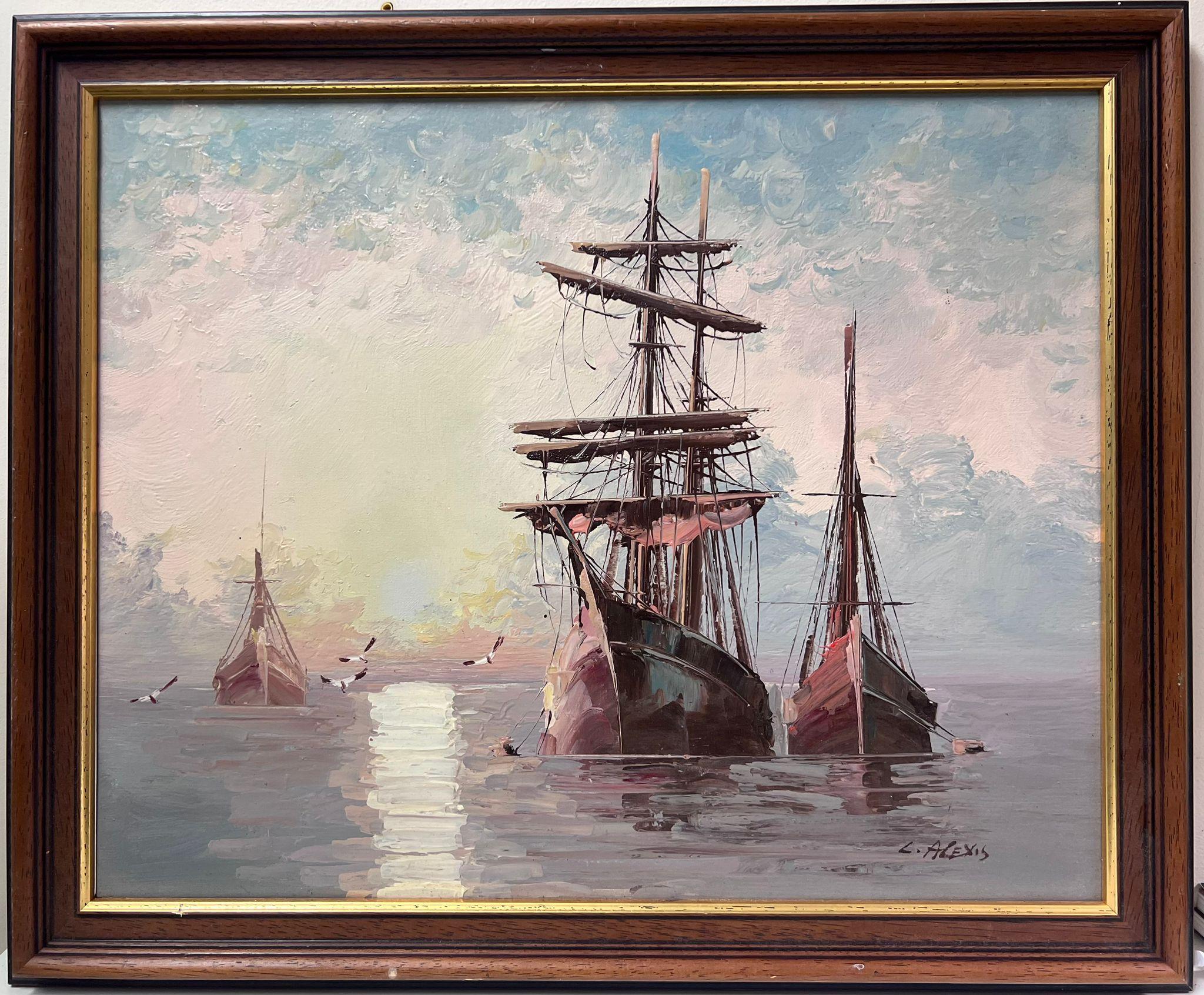 Barche da pesca in mare Alba sulle onde con gabbiani Pittura ad olio firmata - Painting di European School