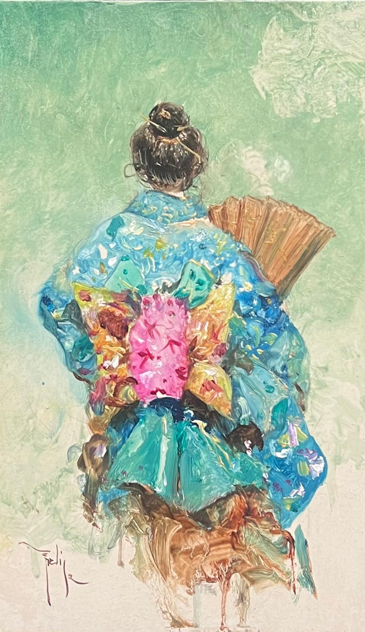 Geisha Girl Elegant in Blue Traditional Kimono with Fan Impressionist Portrait - Painting by European School