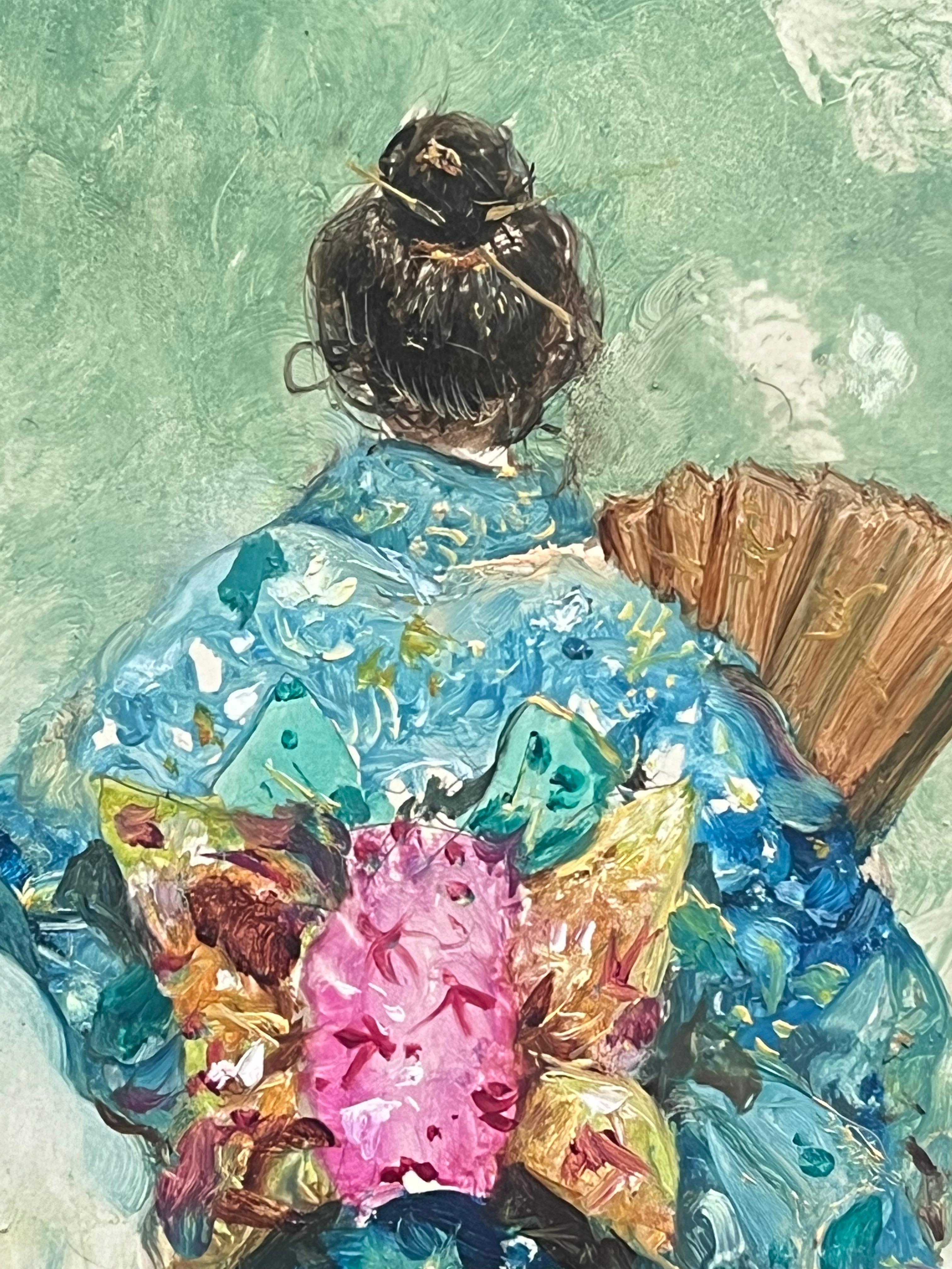 Geisha Girl Elegant in Blue Traditional Kimono with Fan Impressionist Portrait For Sale 2