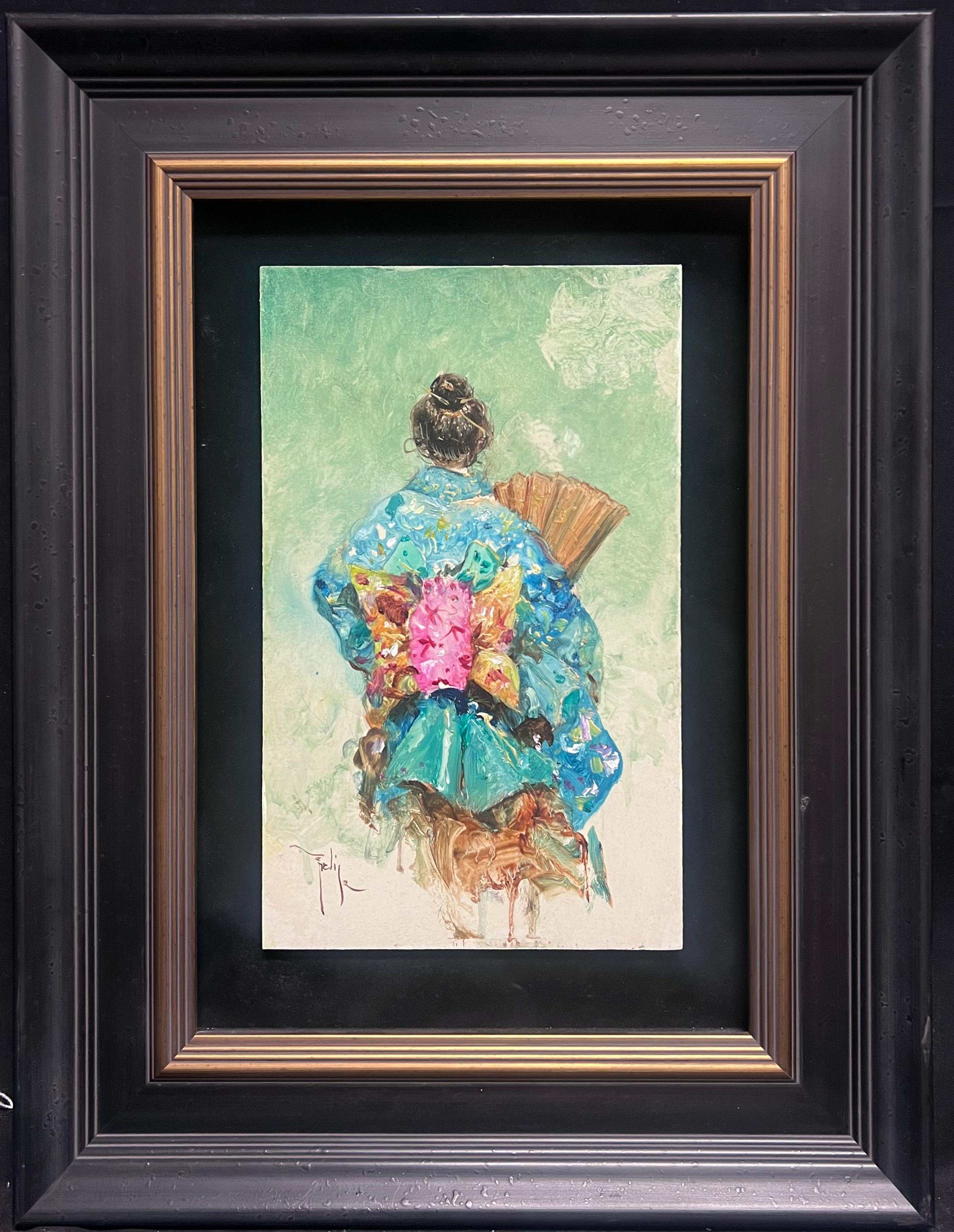 European School Portrait Painting - Geisha Girl Elegant in Blue Traditional Kimono with Fan Impressionist Portrait