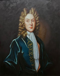 Grand portrait aristocratique européen d'un gentilhomme à perruque Peinture à l'huile sur toile