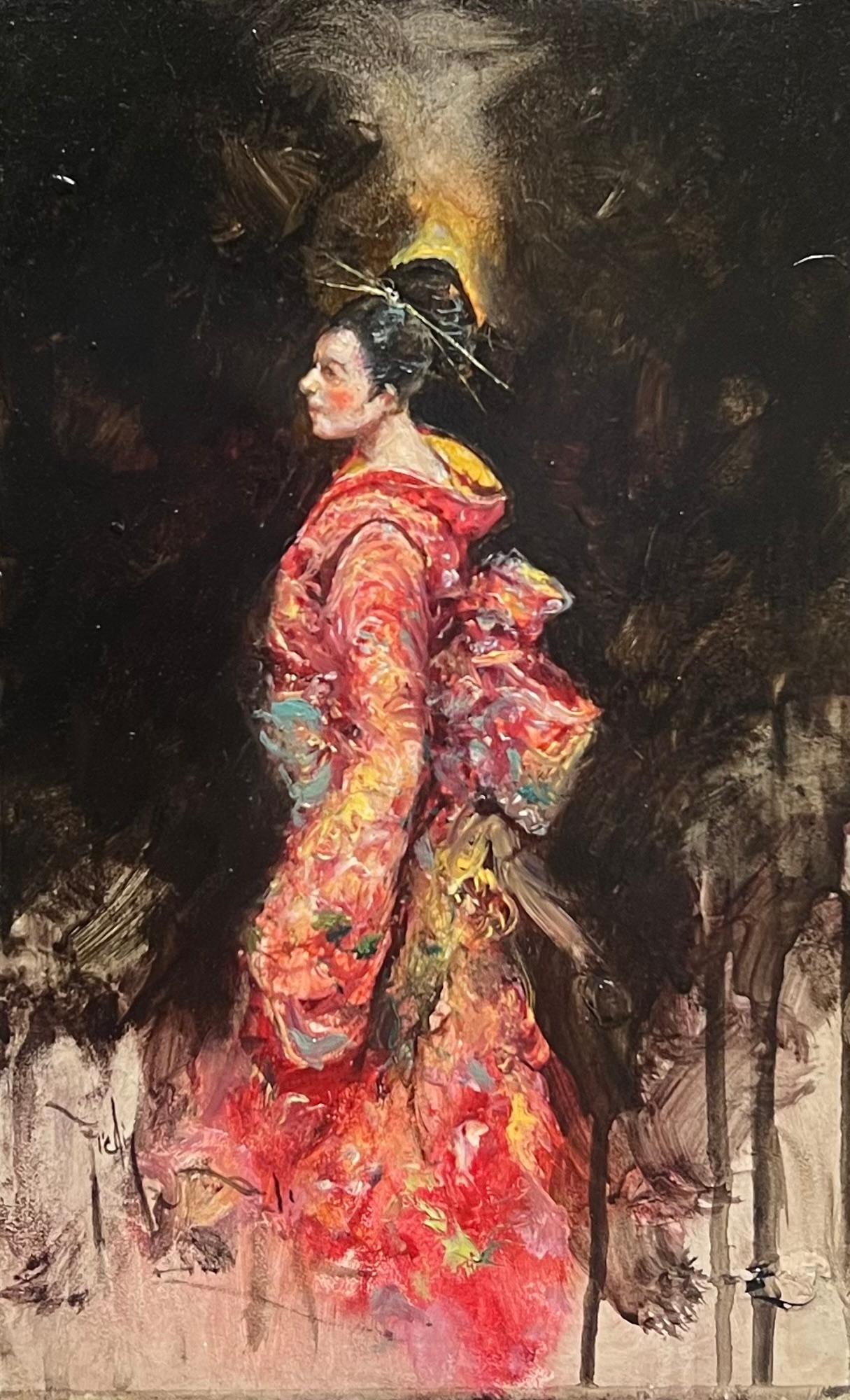 Radiante en rojo Chica geisha Kimono vibrante Retrato impresionista contemporáneo - Painting de European School