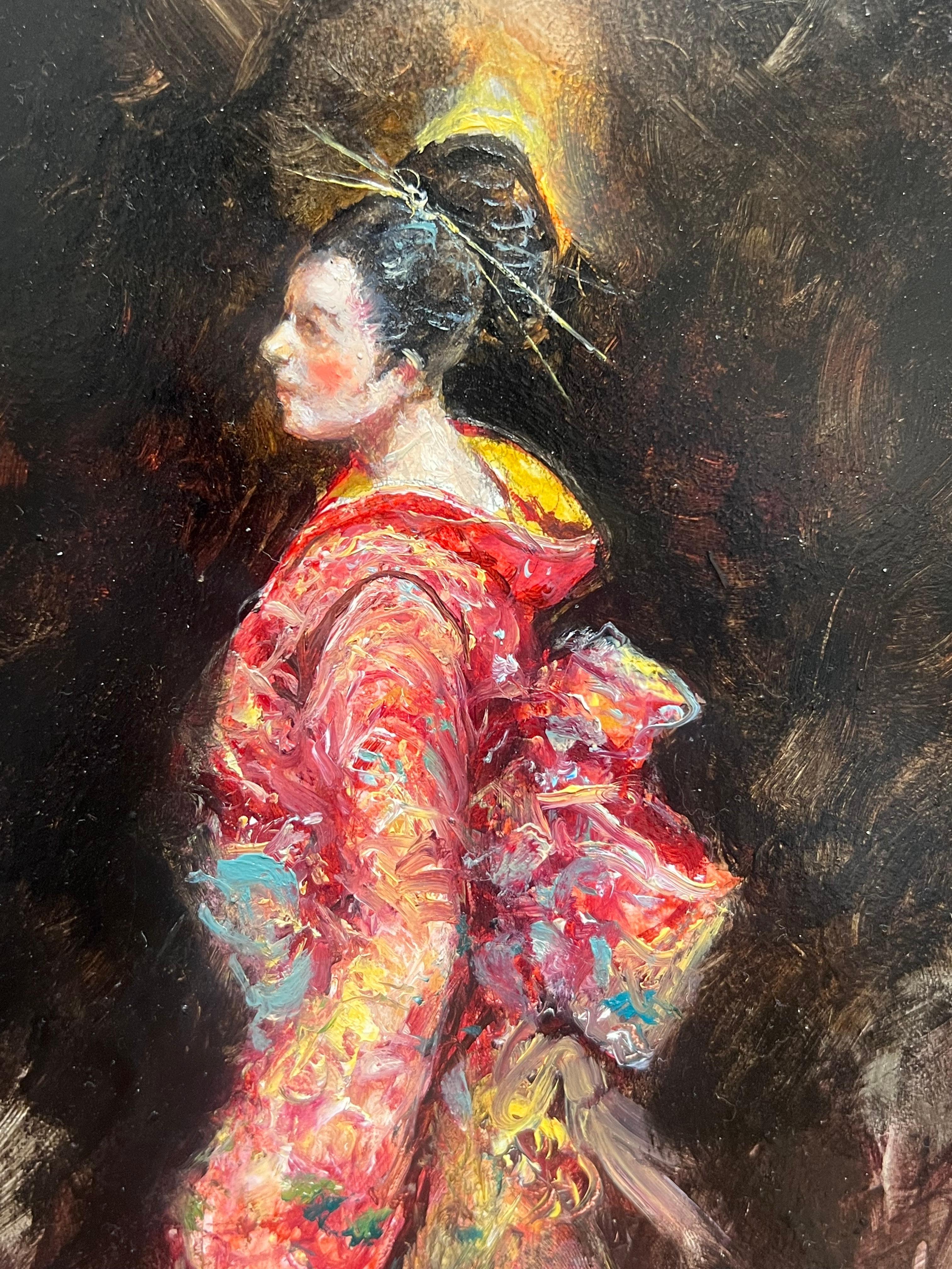 Radiante en rojo Chica geisha Kimono vibrante Retrato impresionista contemporáneo - Painting Impresionista de European School
