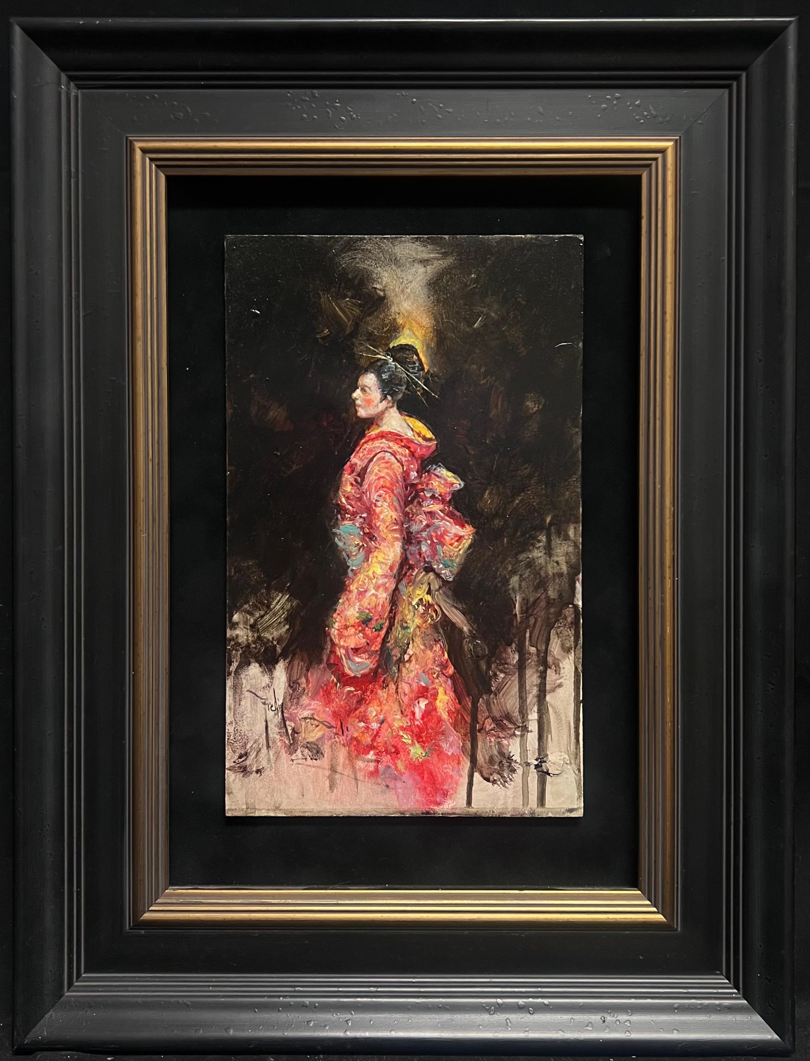 Portrait Painting de European School - Radiante en rojo Chica geisha Kimono vibrante Retrato impresionista contemporáneo