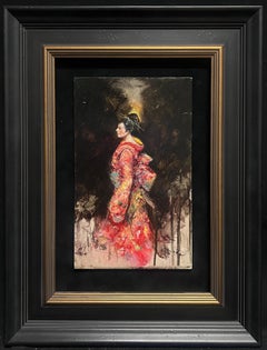 Radieuse en rouge Fille de geisha Kimono vibrant Portrait impressionniste contemporain