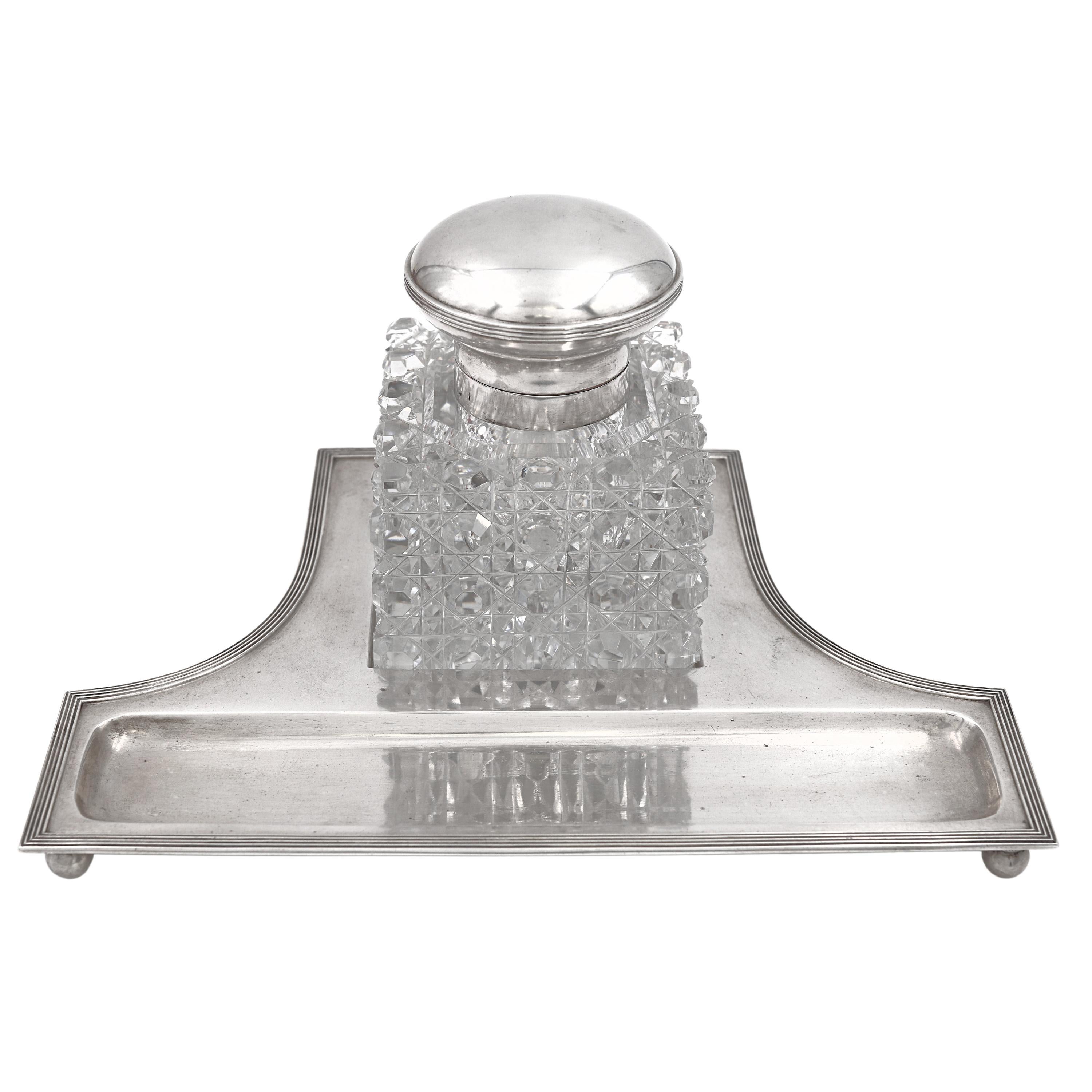 European Silver and Crystal Glass Inkwell on Stand in Art Deco Style