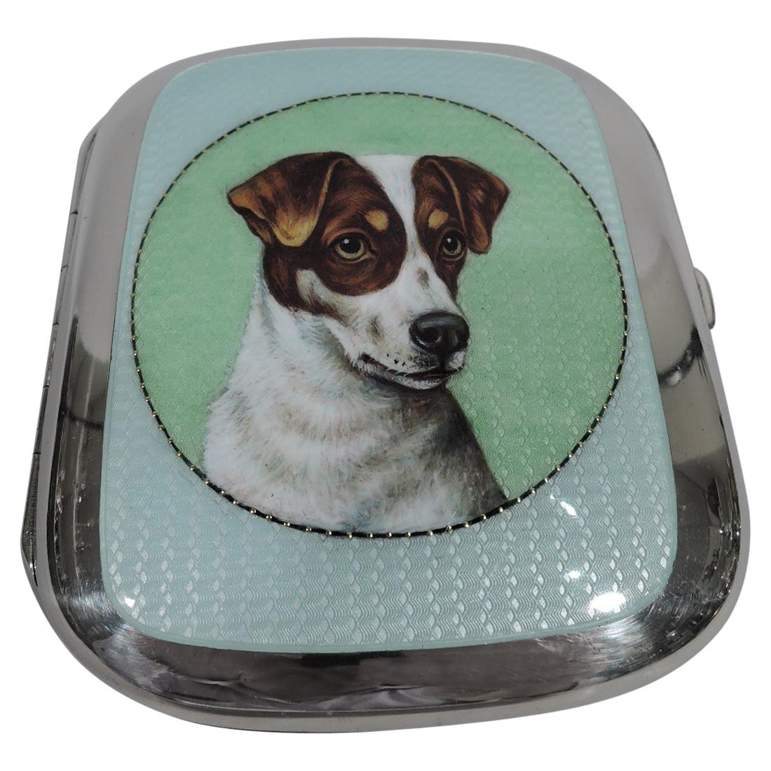 European Silver and Enameled Dog Case with Jack Russell Pup Portrait