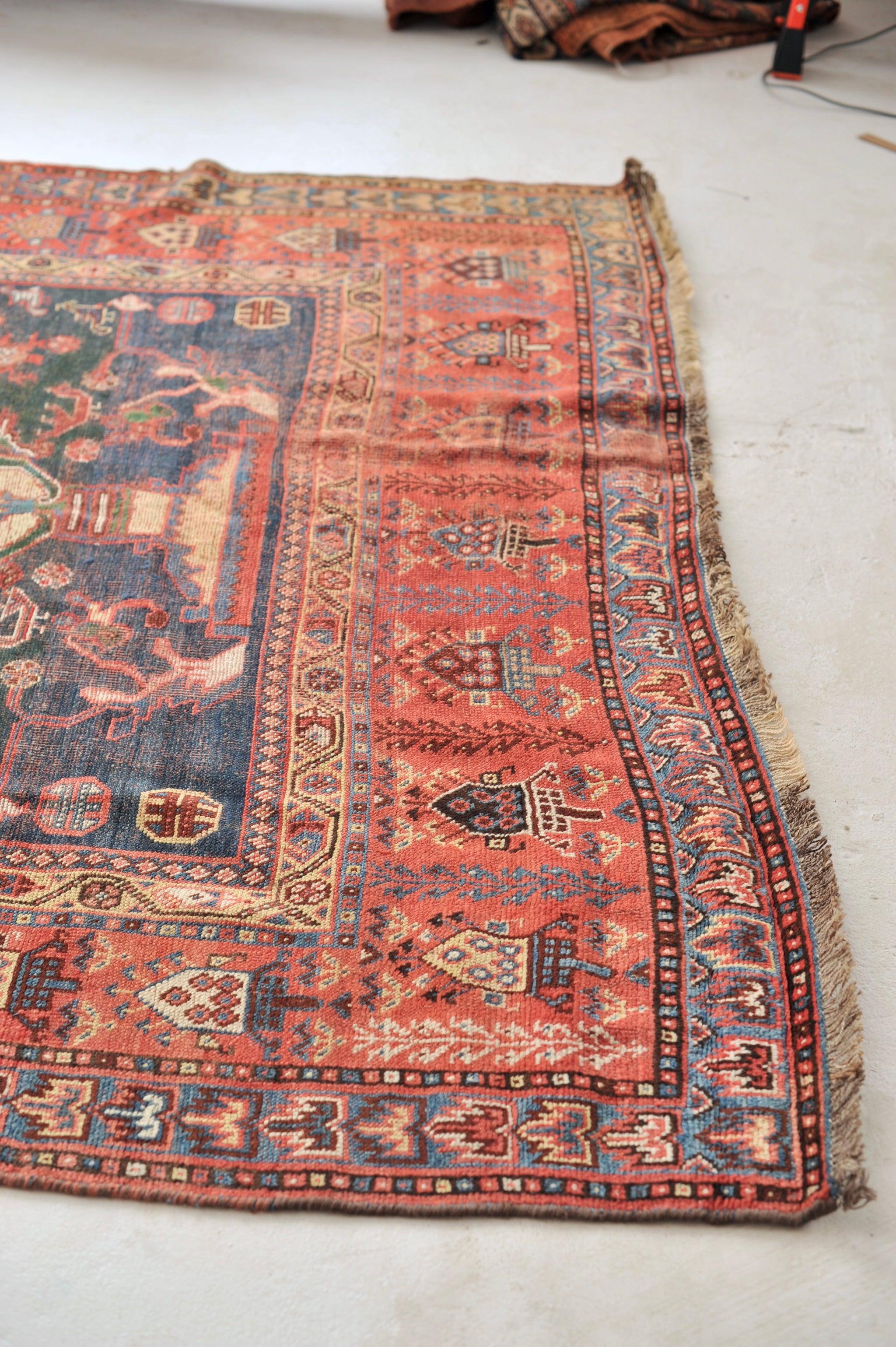 Incredible European Sized Kalleh  Antique Kurdish Tribal Beauty
About: This is an incredibly character-rich piece

Size: 7 x 12.7
Age: Antique
Pile: Wonderful low/medium pile with ancient repairs and restorations - age-related patina throughout