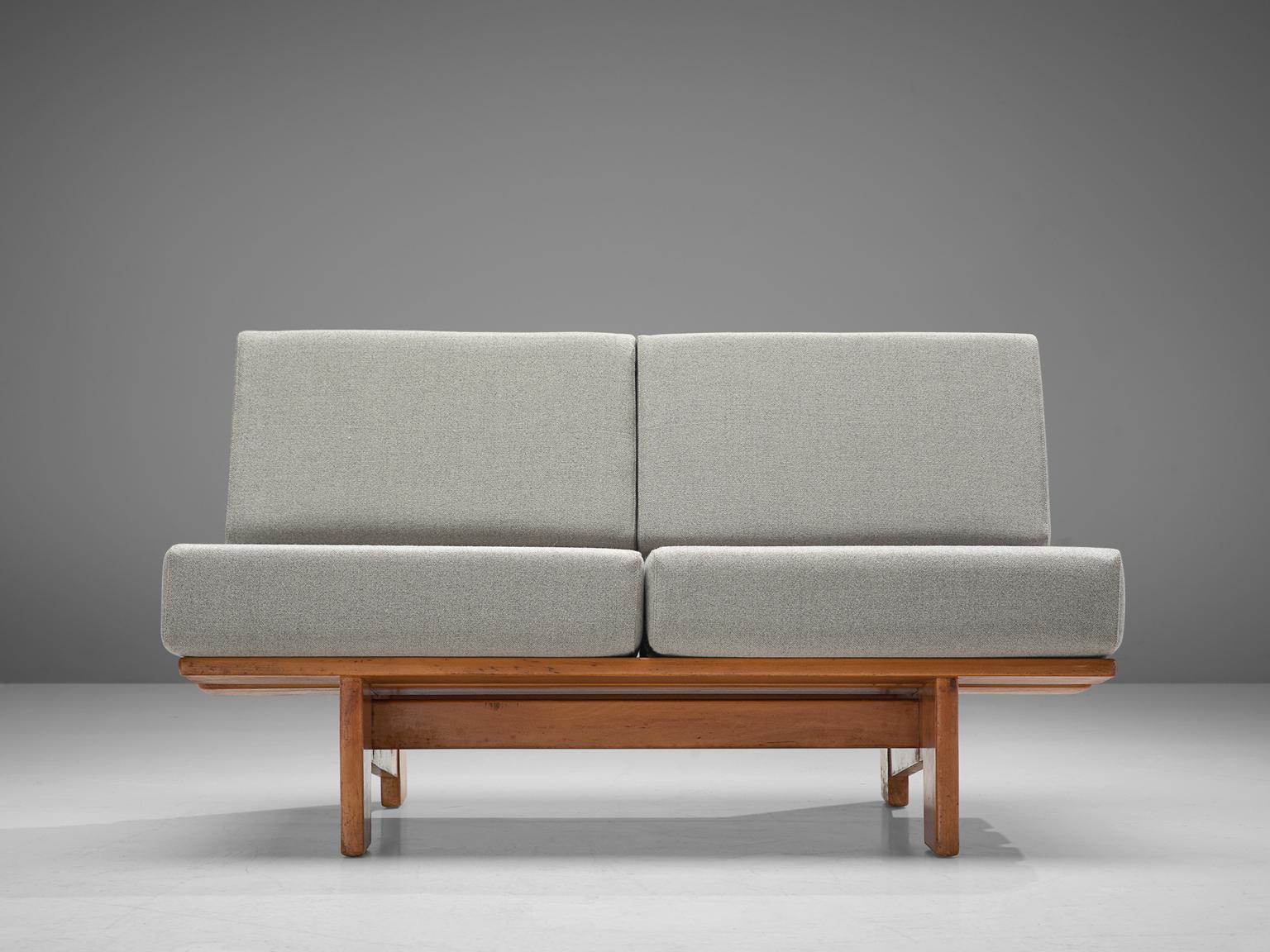 Mid-Century Modern Banc de canapé européen en chêne avec tapisserie grise, années 1950