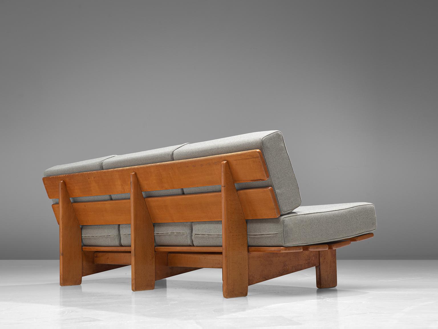 Mid-20th Century European Sofa Bench in Oak with Grey Upholstery, 1950s