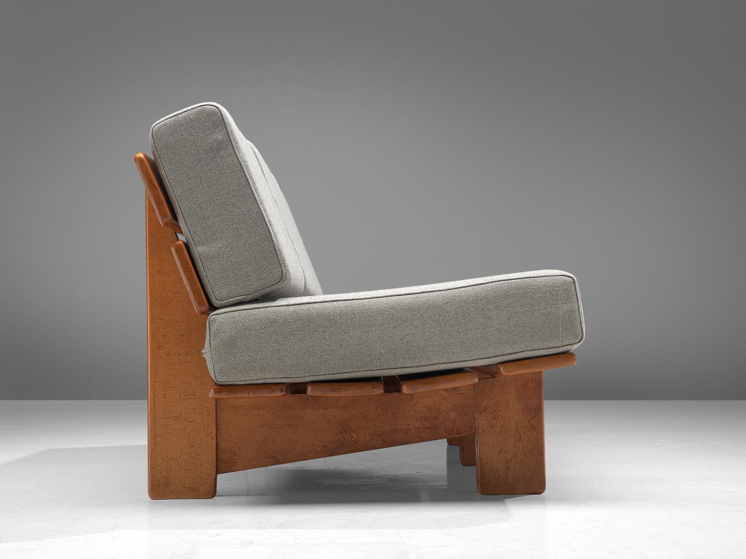 Fabric European Sofa Bench in Oak with Grey Upholstery, 1950s