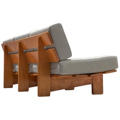 European Sofa Bench in Oak with Grey Upholstery, 1950s