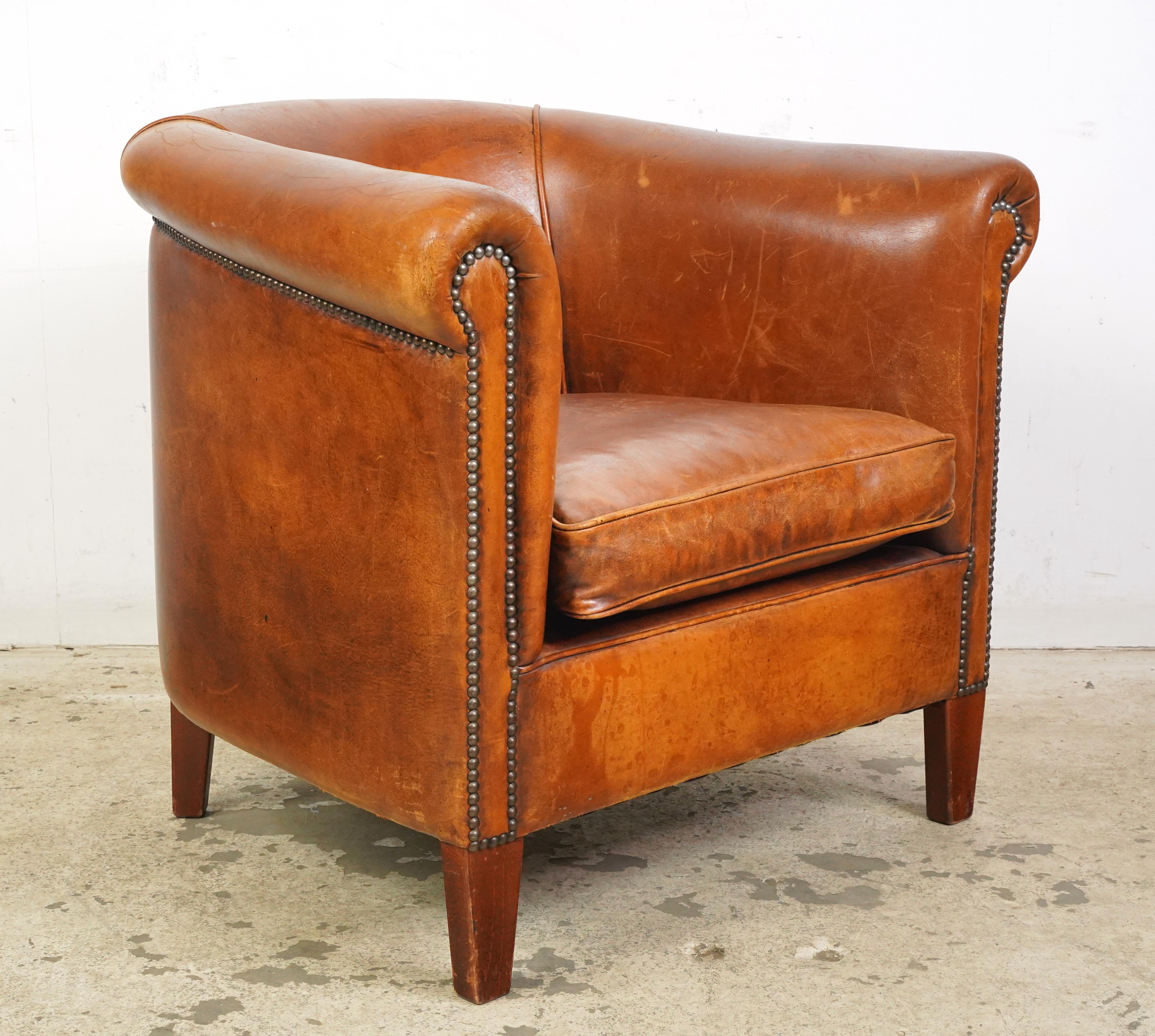 French European Studded Brown Barrel Leather Club Chair For Sale