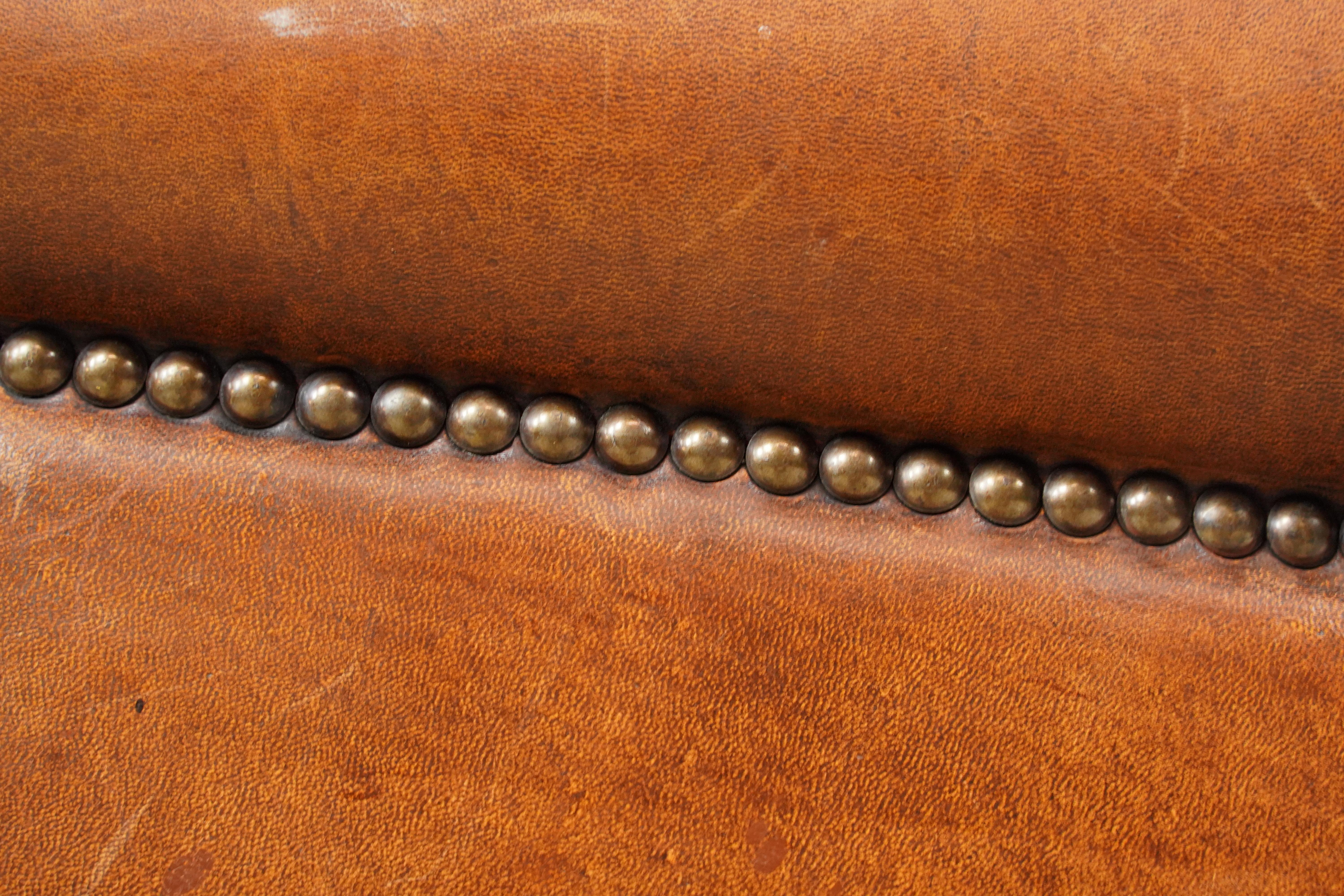Steel European Studded Brown Barrel Leather Club Chair For Sale