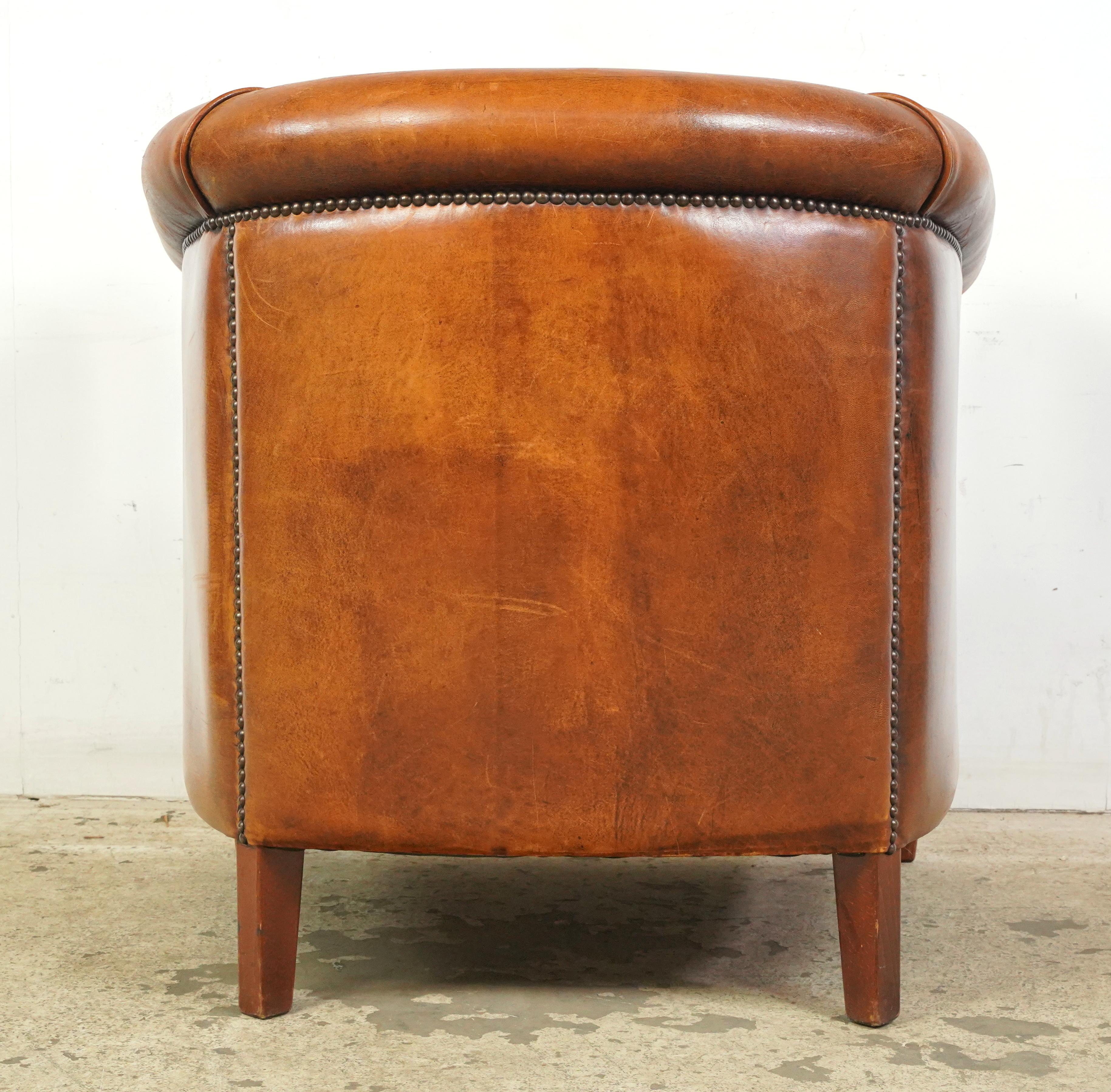 European Studded Brown Barrel Leather Club Chair For Sale 1