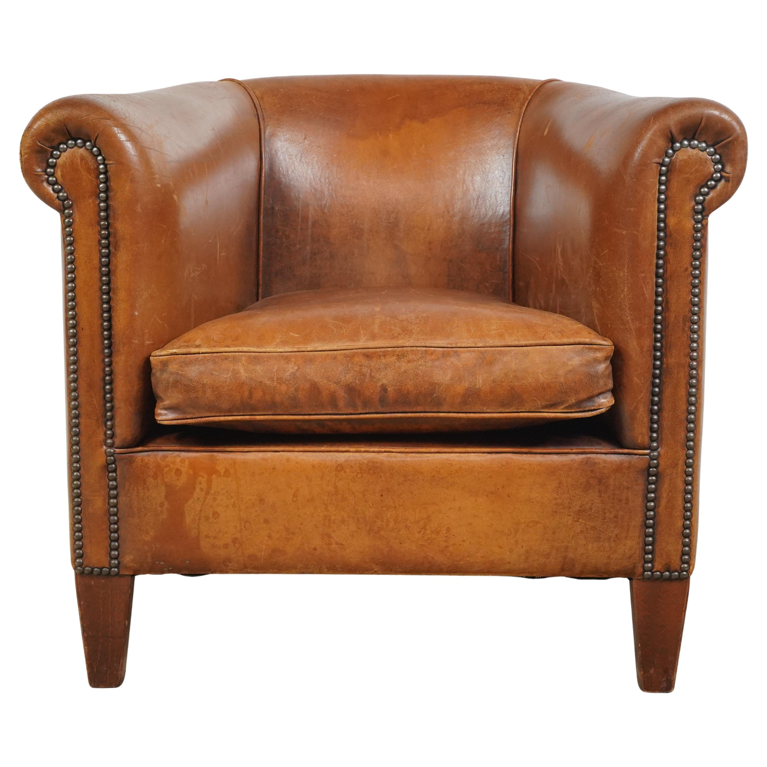 European Studded Brown Barrel Leather Club Chair