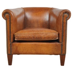 European Studded Brown Barrel Leather Club Chair