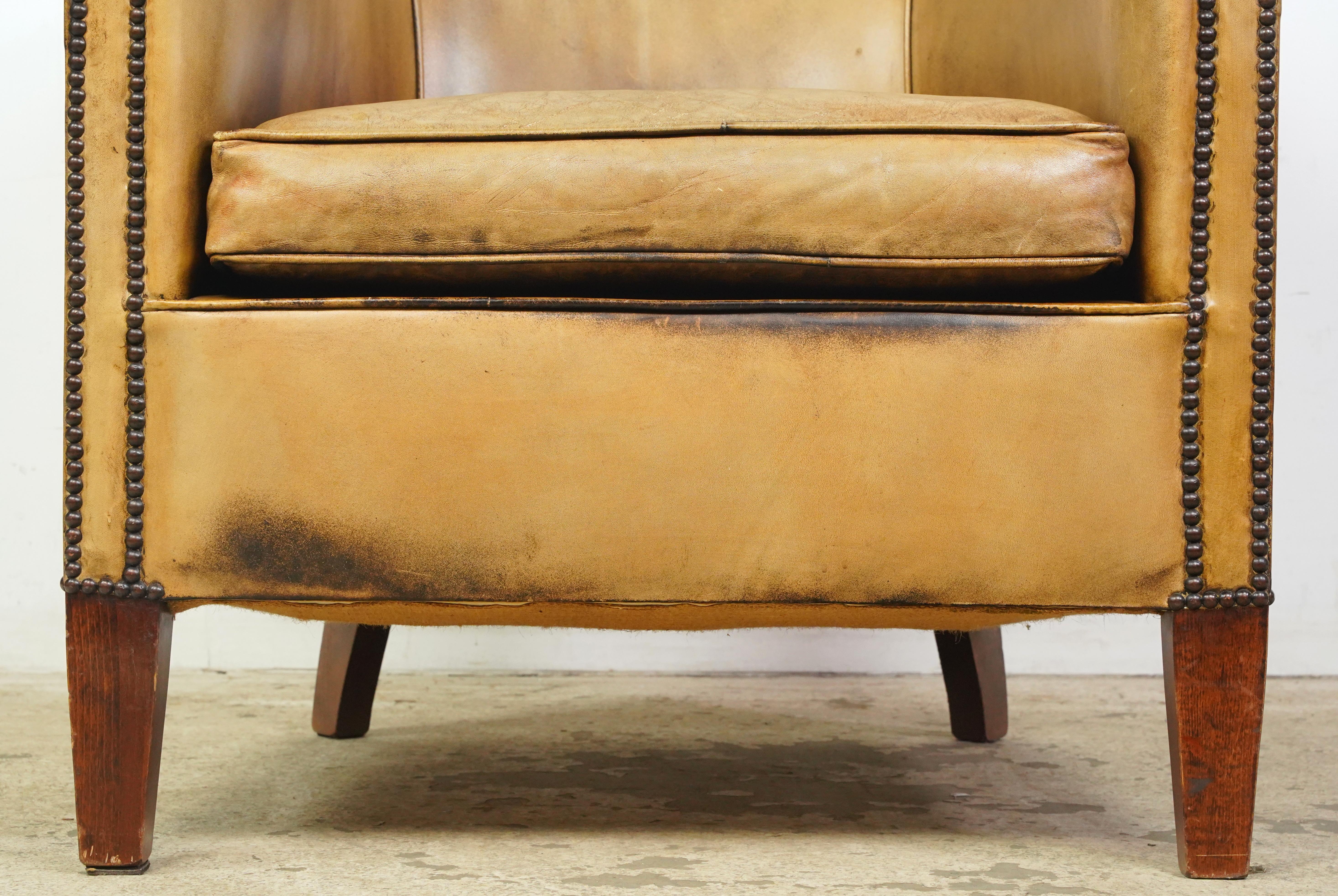 French European Studded Tan Leather Club Chair For Sale
