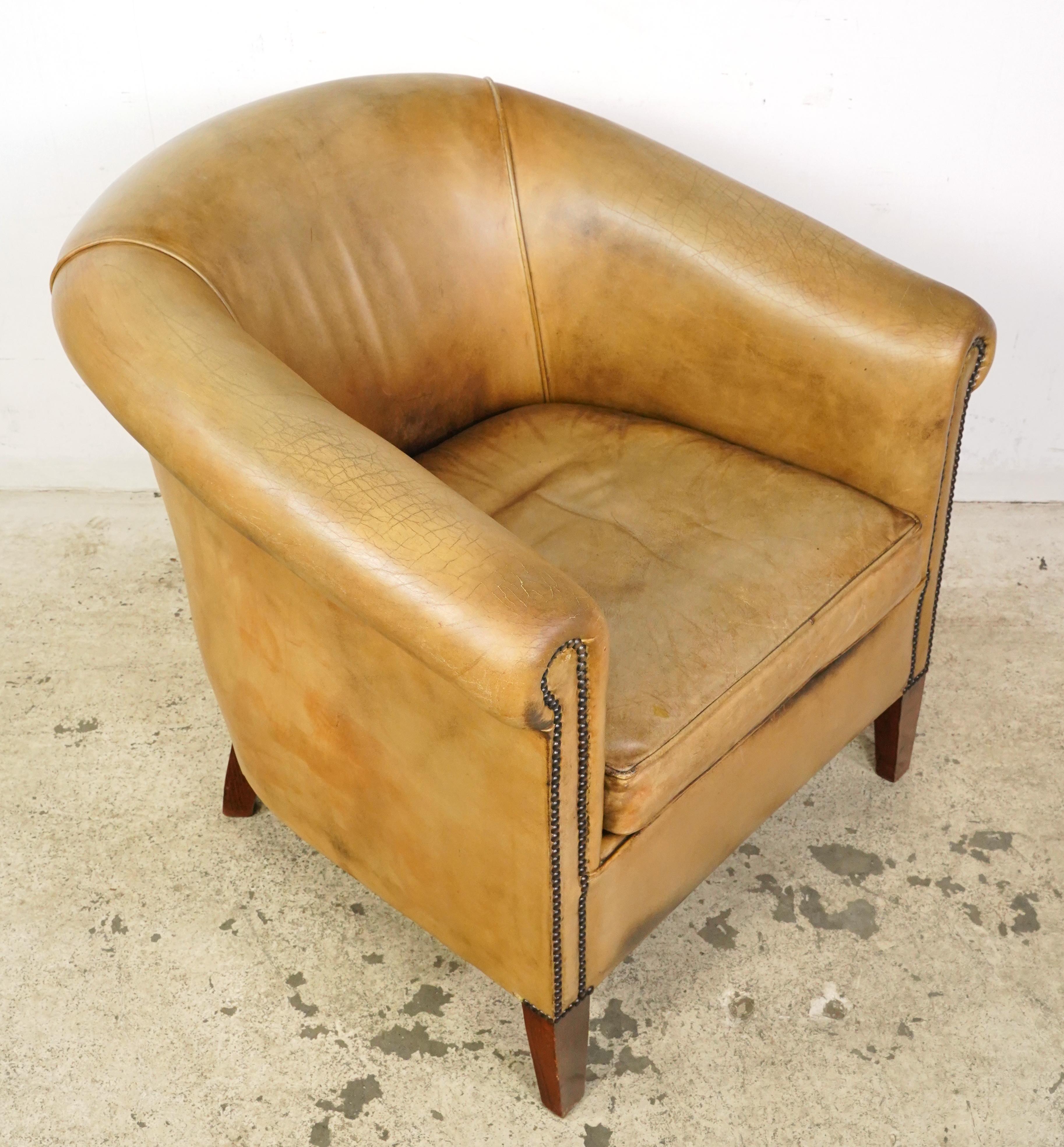 20th Century European Studded Tan Leather Club Chair For Sale