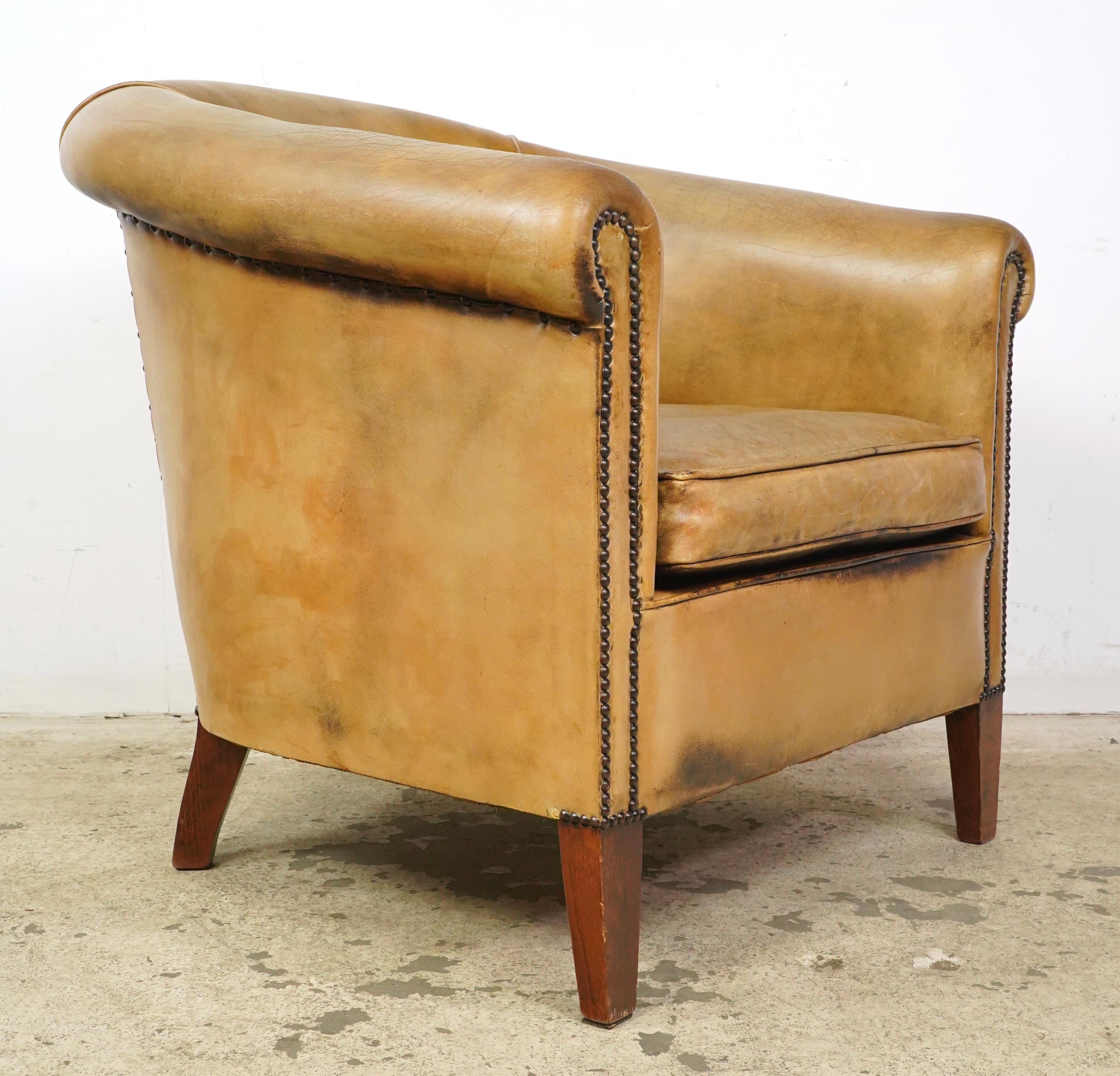 Steel European Studded Tan Leather Club Chair For Sale