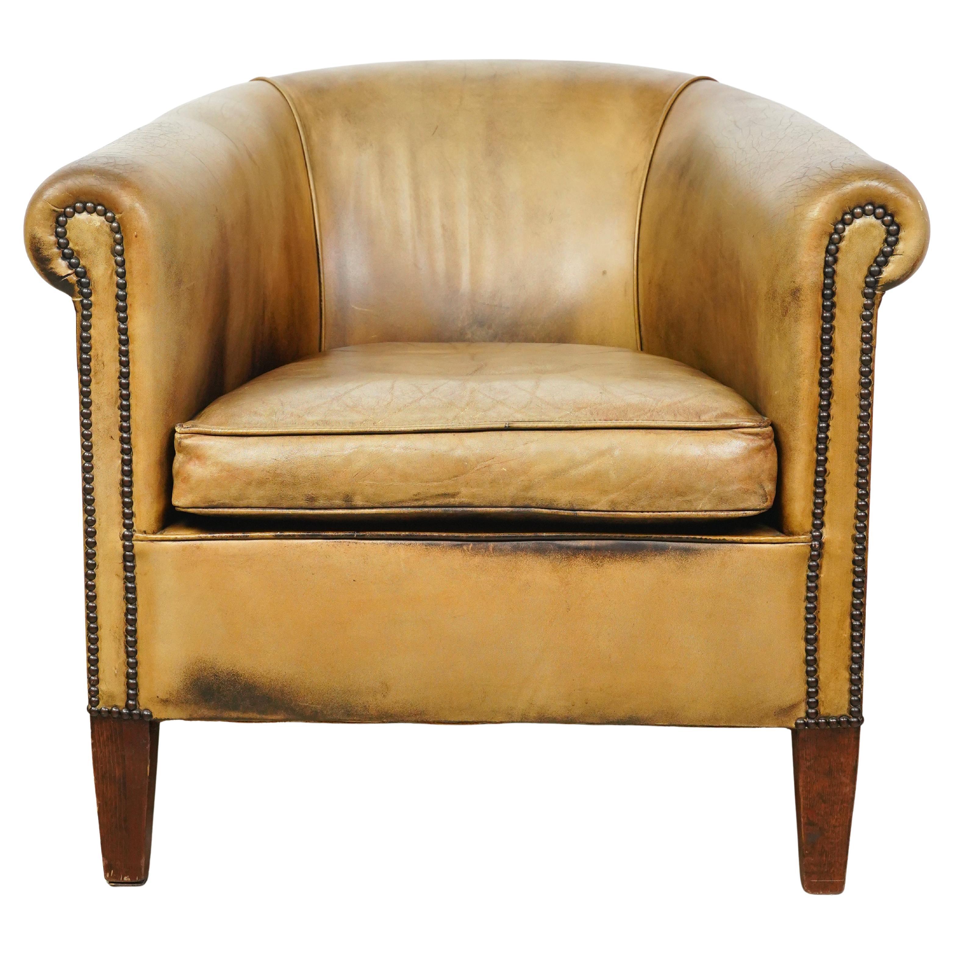 European Studded Tan Leather Club Chair