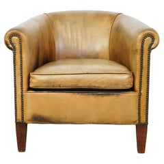 European Studded Tan Leather Club Chair