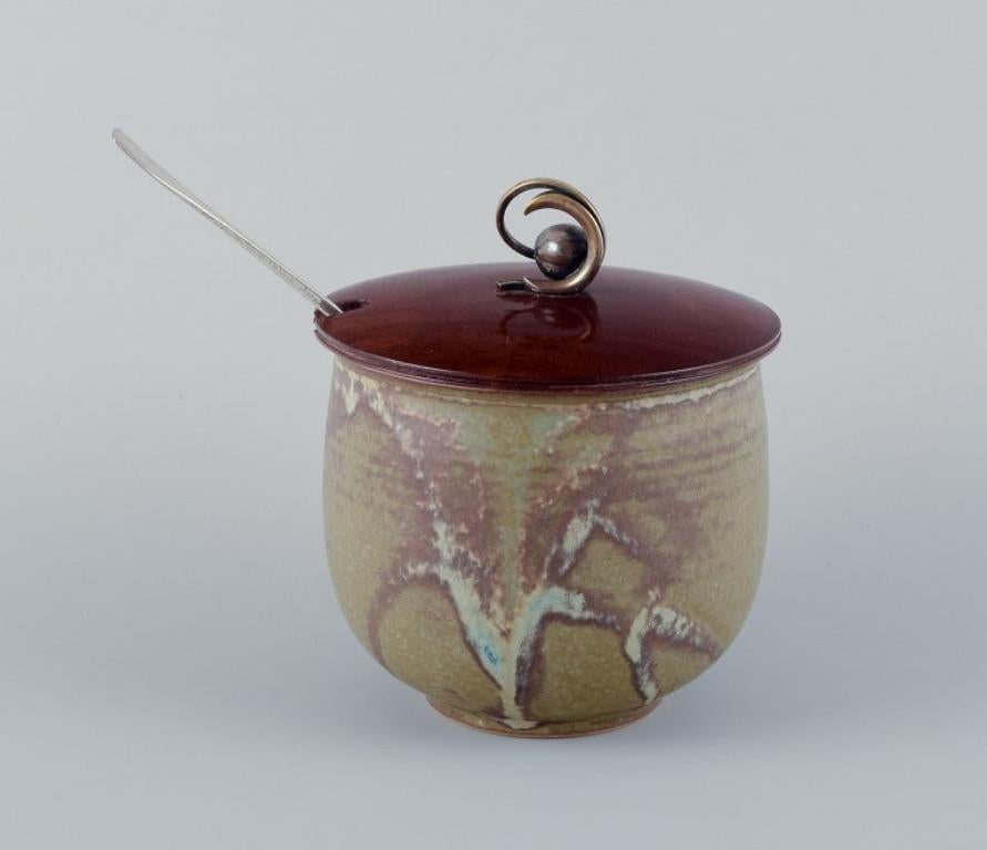 Scandinavian European studio ceramicist and Hugo Grün, large ceramic honey jar with lid For Sale
