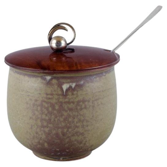 European studio ceramicist and Hugo Grün, large ceramic honey jar with lid For Sale