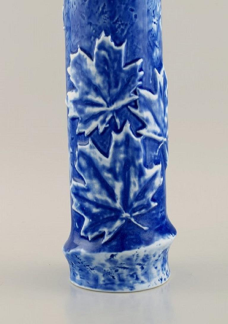 Modern European Studio Ceramicist, Cylindrical Vase in Glazed Ceramic with Maple Leaves For Sale