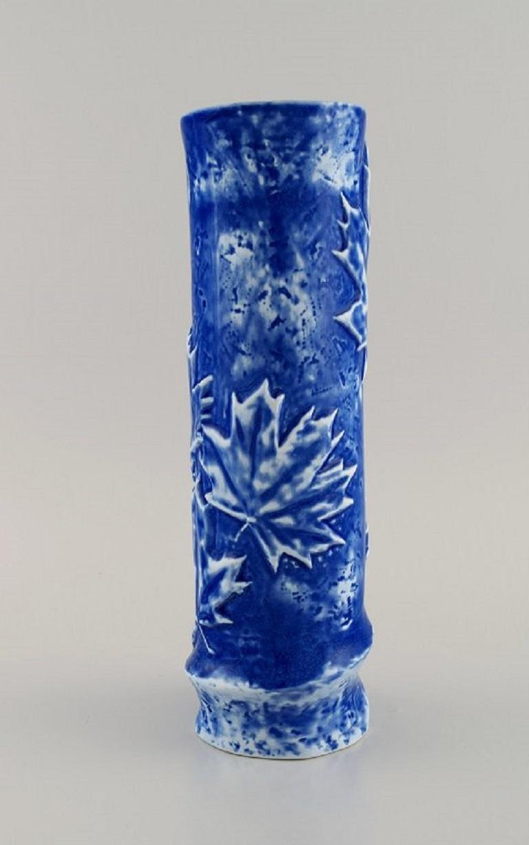 Unknown European Studio Ceramicist, Cylindrical Vase in Glazed Ceramic with Maple Leaves For Sale